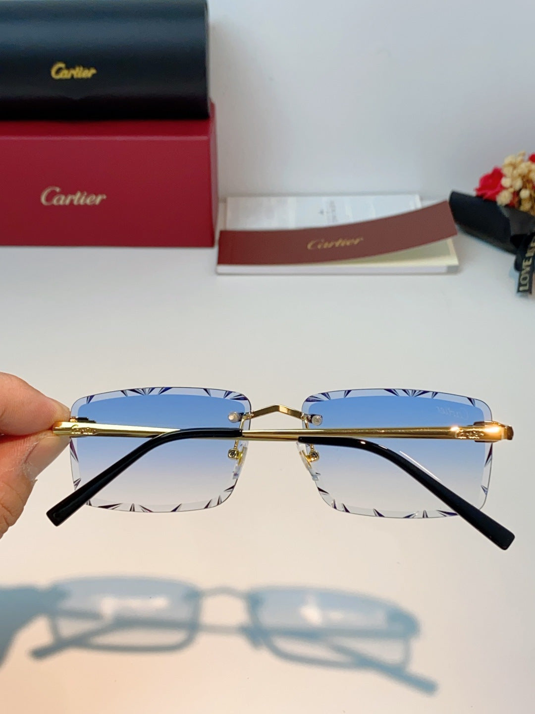 Cartier Lightweight Rimless Blue Lens Sunglasses for Men & Women - 487363 - detail image 5