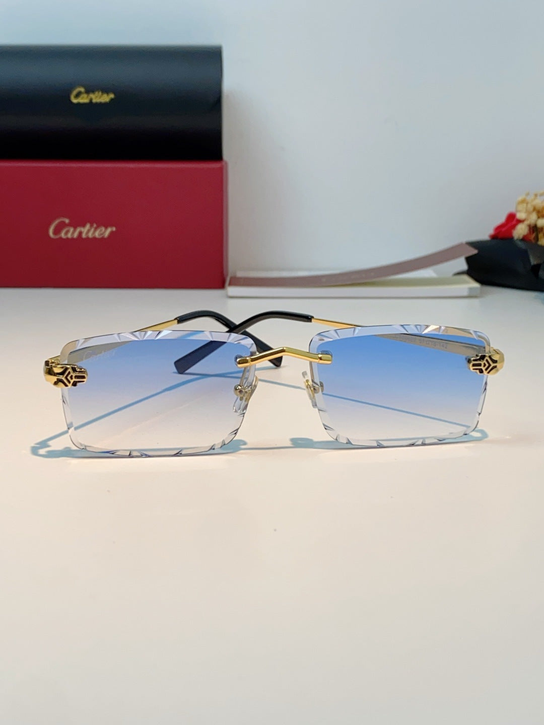 Cartier Lightweight Rimless Blue Lens Sunglasses for Men & Women - 487363 - detail image 2