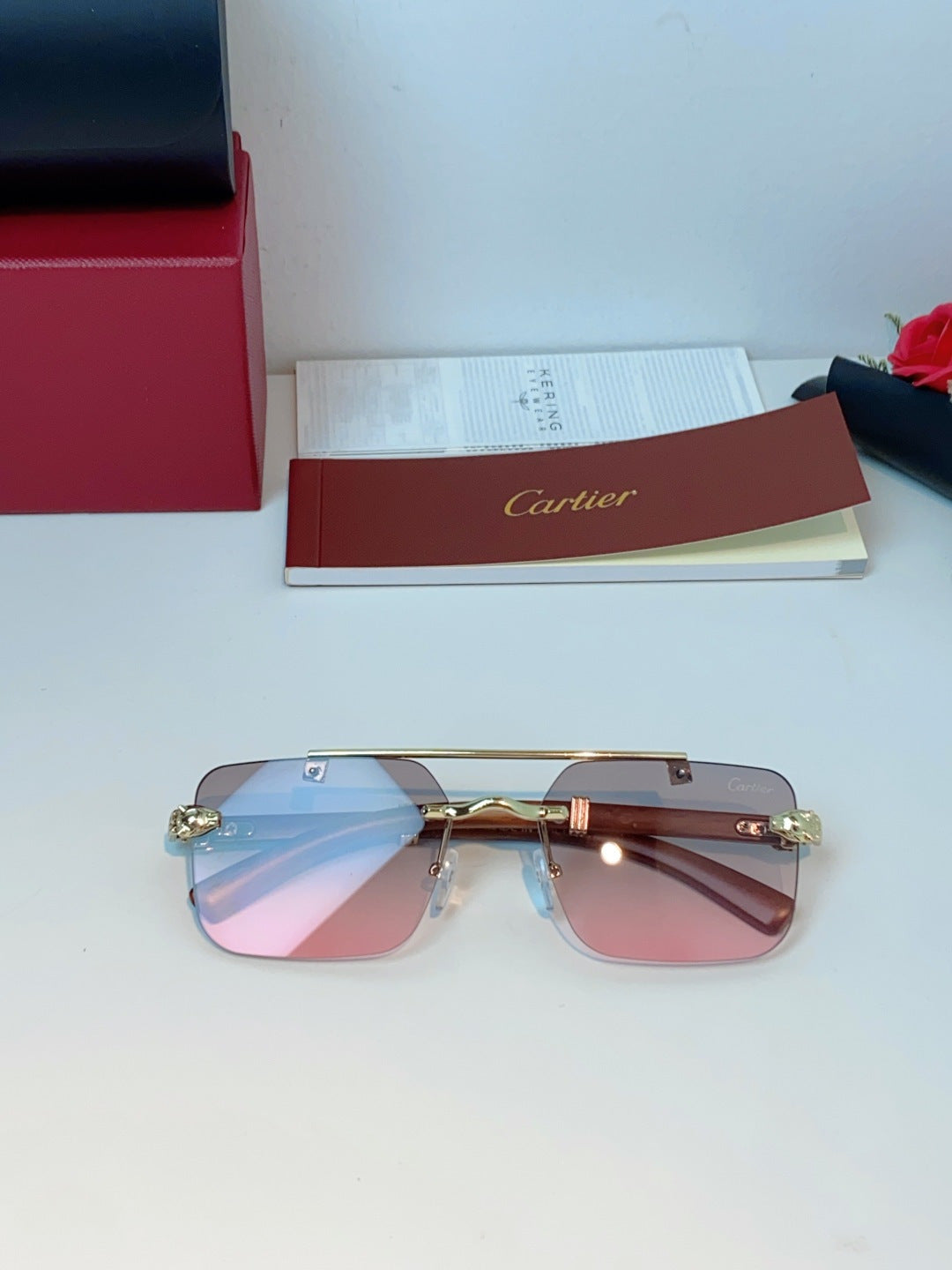 Cartier Lightweight Rimless Red Lens Sunglasses for Men & Women - detail image 9