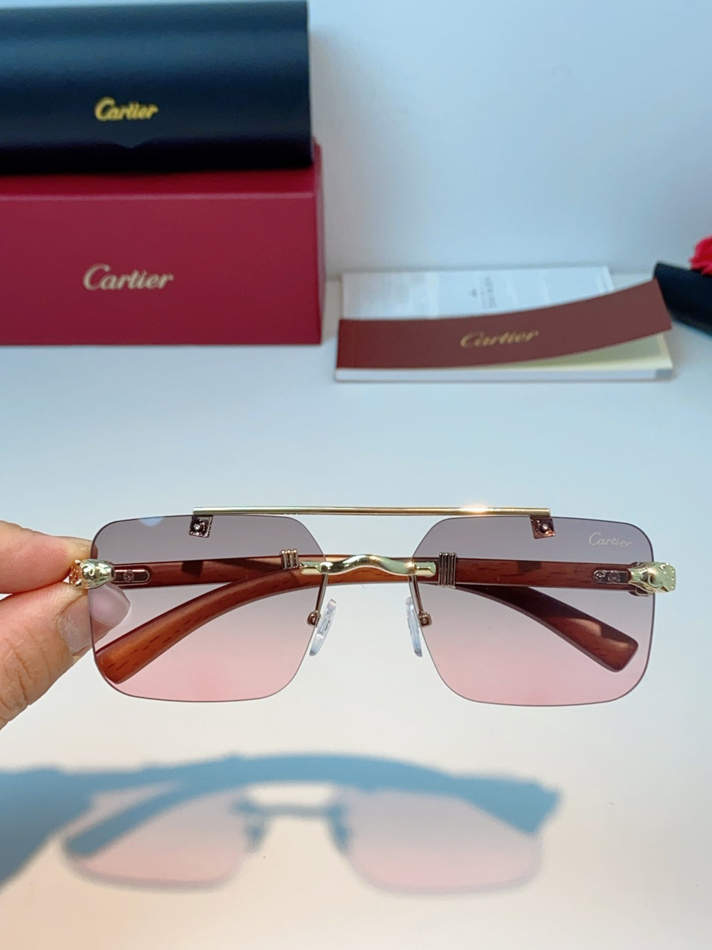 Cartier Lightweight Rimless Red Lens Sunglasses for Men & Women - detail image 4