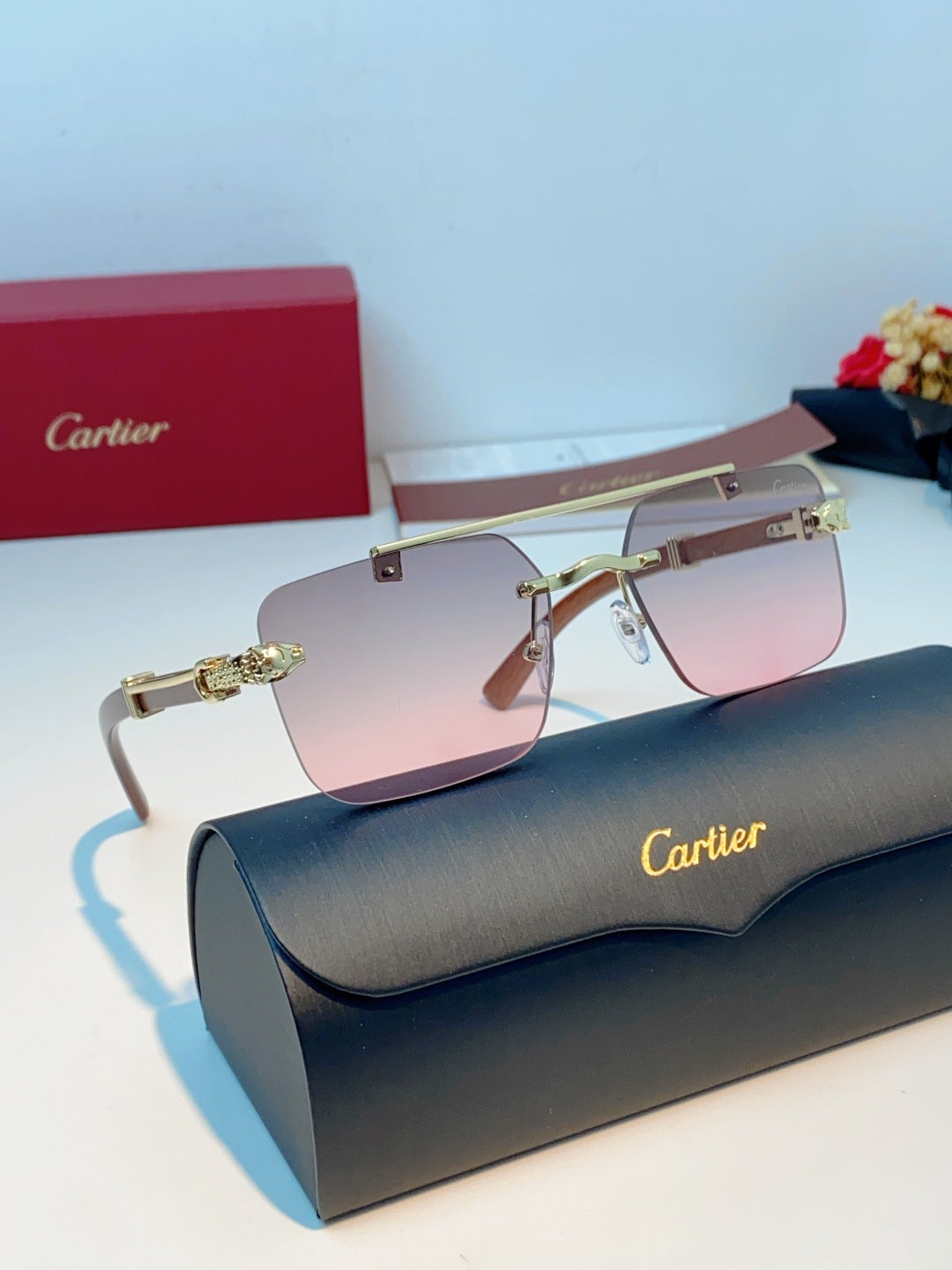 Cartier Lightweight Rimless Red Lens Sunglasses for Men & Women - detail image 10