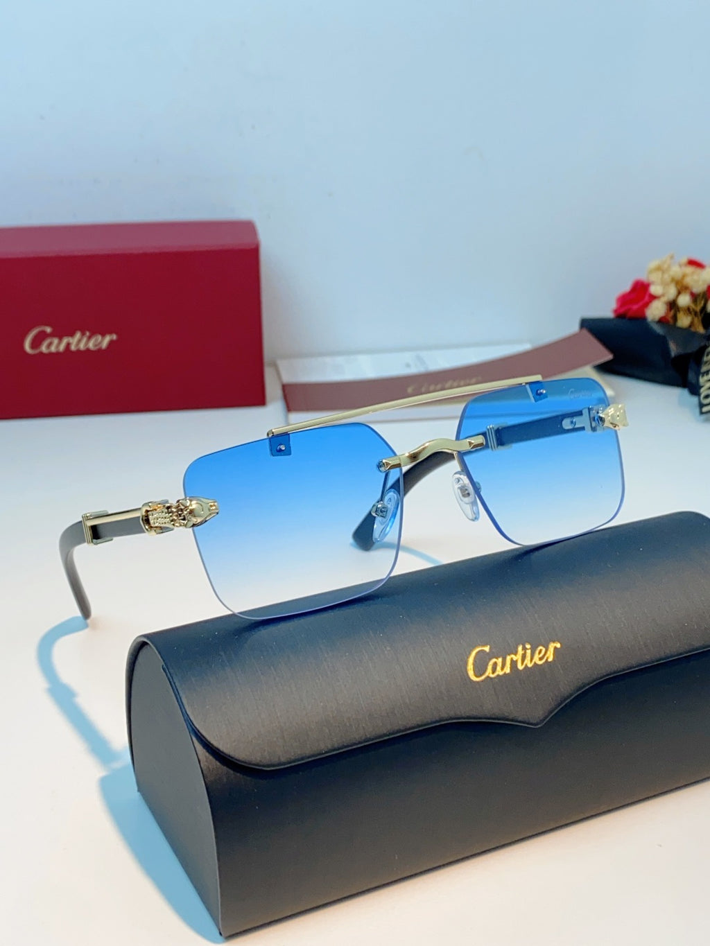 Cartier Lightweight Rimless Blue Lens Sunglasses for Men & Women - 487315 - detail image 10