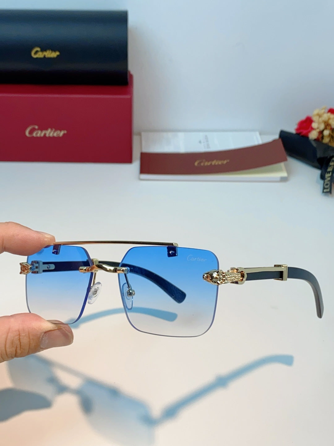 Cartier Lightweight Rimless Blue Lens Sunglasses for Men & Women - 487315 - detail image 6