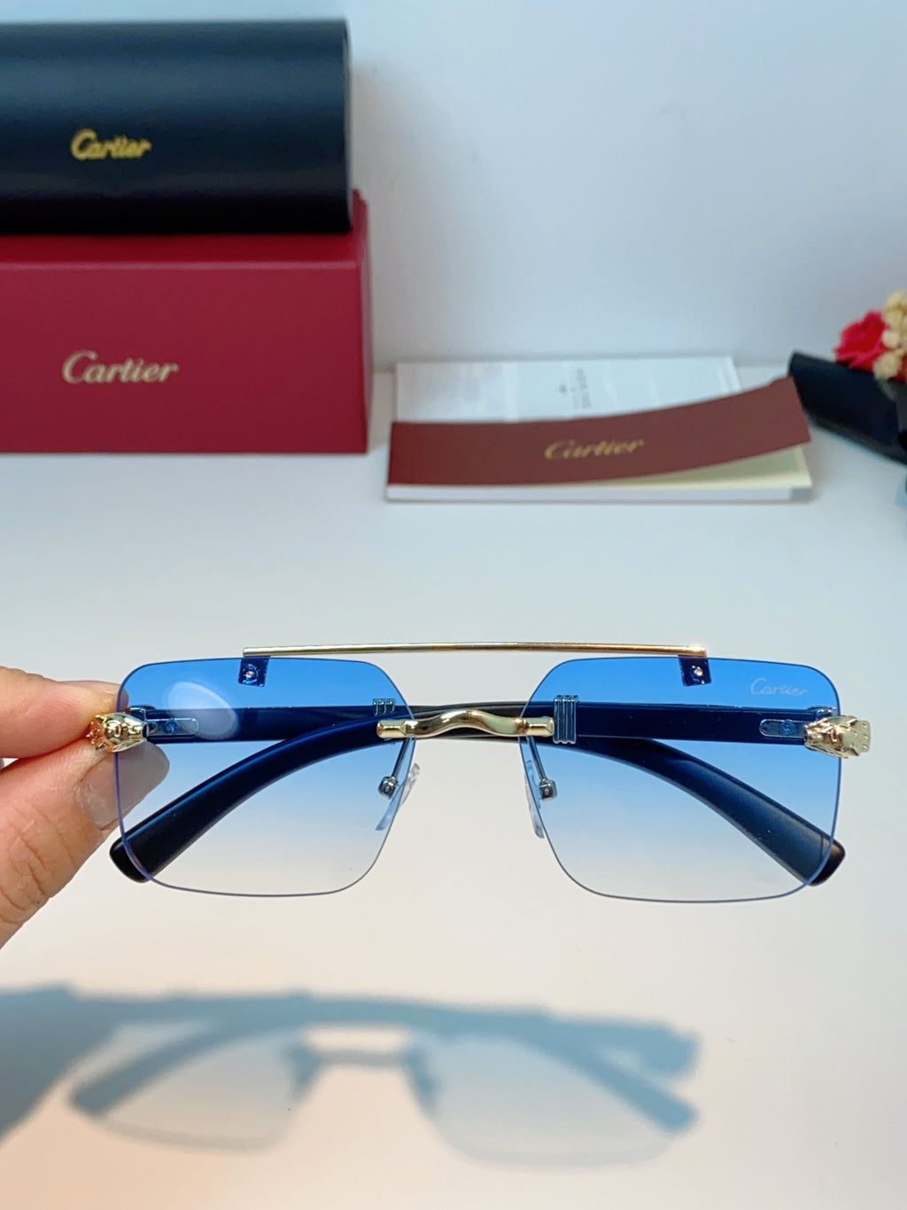 Cartier Lightweight Rimless Blue Lens Sunglasses for Men & Women - 487315 - detail image 4