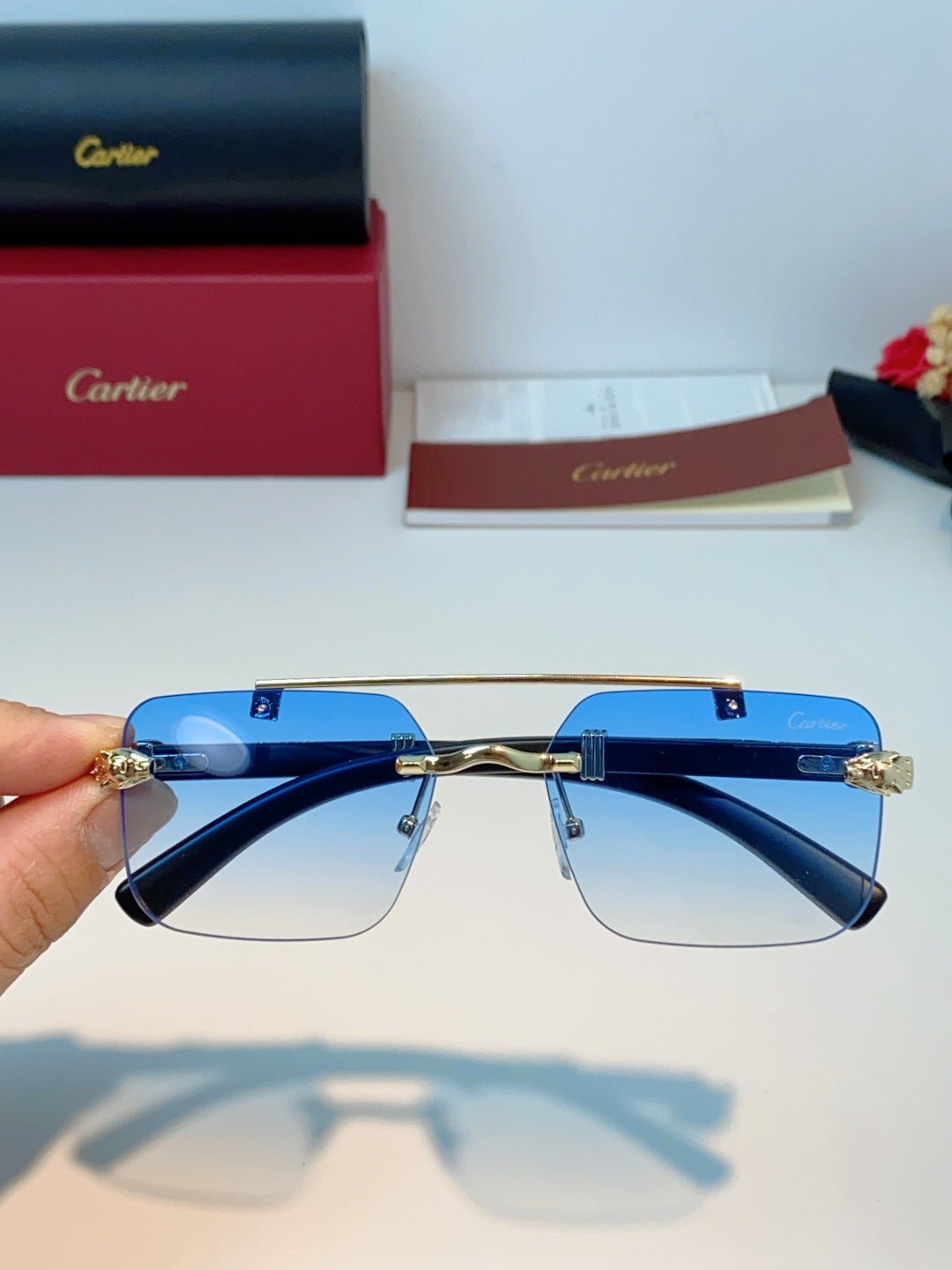 Cartier Lightweight Rimless Blue Lens Sunglasses for Men & Women - 487315 - detail image 4