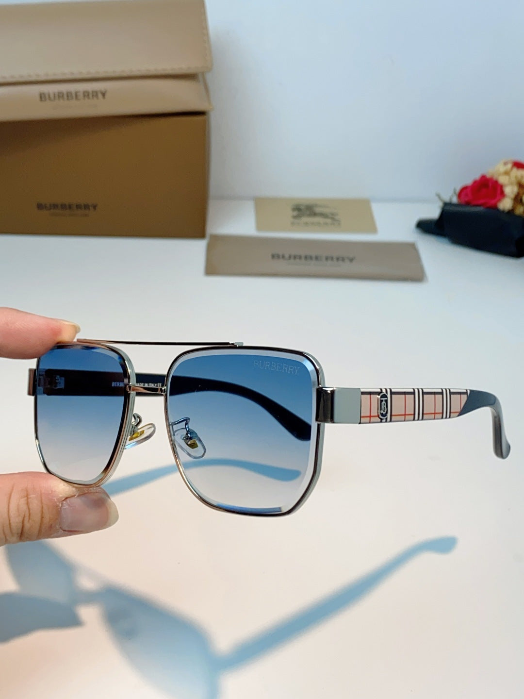 Burberry Metal Square Blue Lens Sunglasses for Men - 382870 - detail image 6