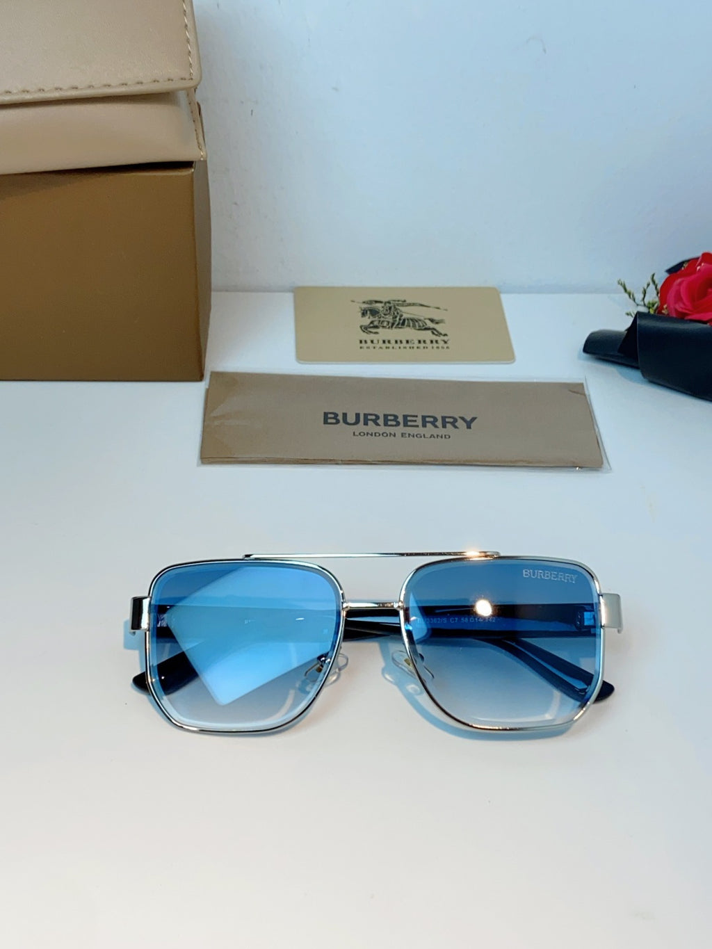 Burberry Metal Square Blue Lens Sunglasses for Men - 382870 - detail image 10