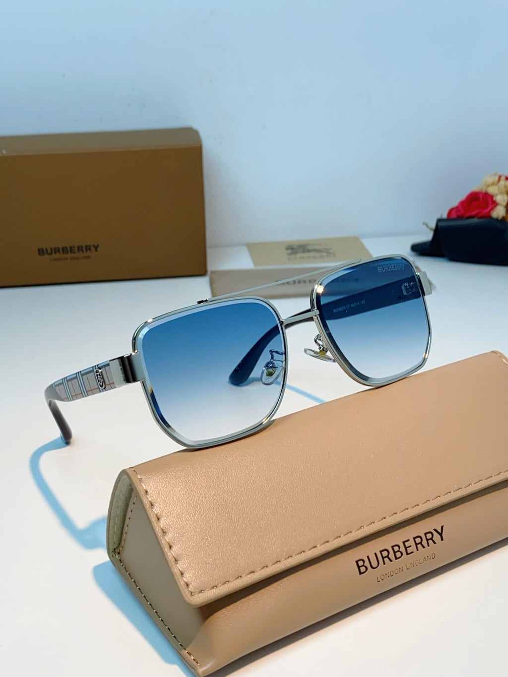 Burberry Metal Square Blue Lens Sunglasses for Men - 382870 - detail image 11