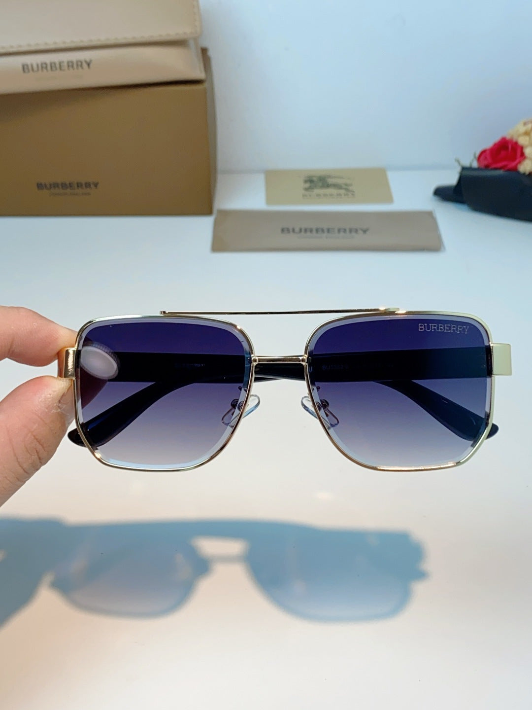 Burberry Metal Square Blue Lens Sunglasses for Men - 382872 - detail image 4