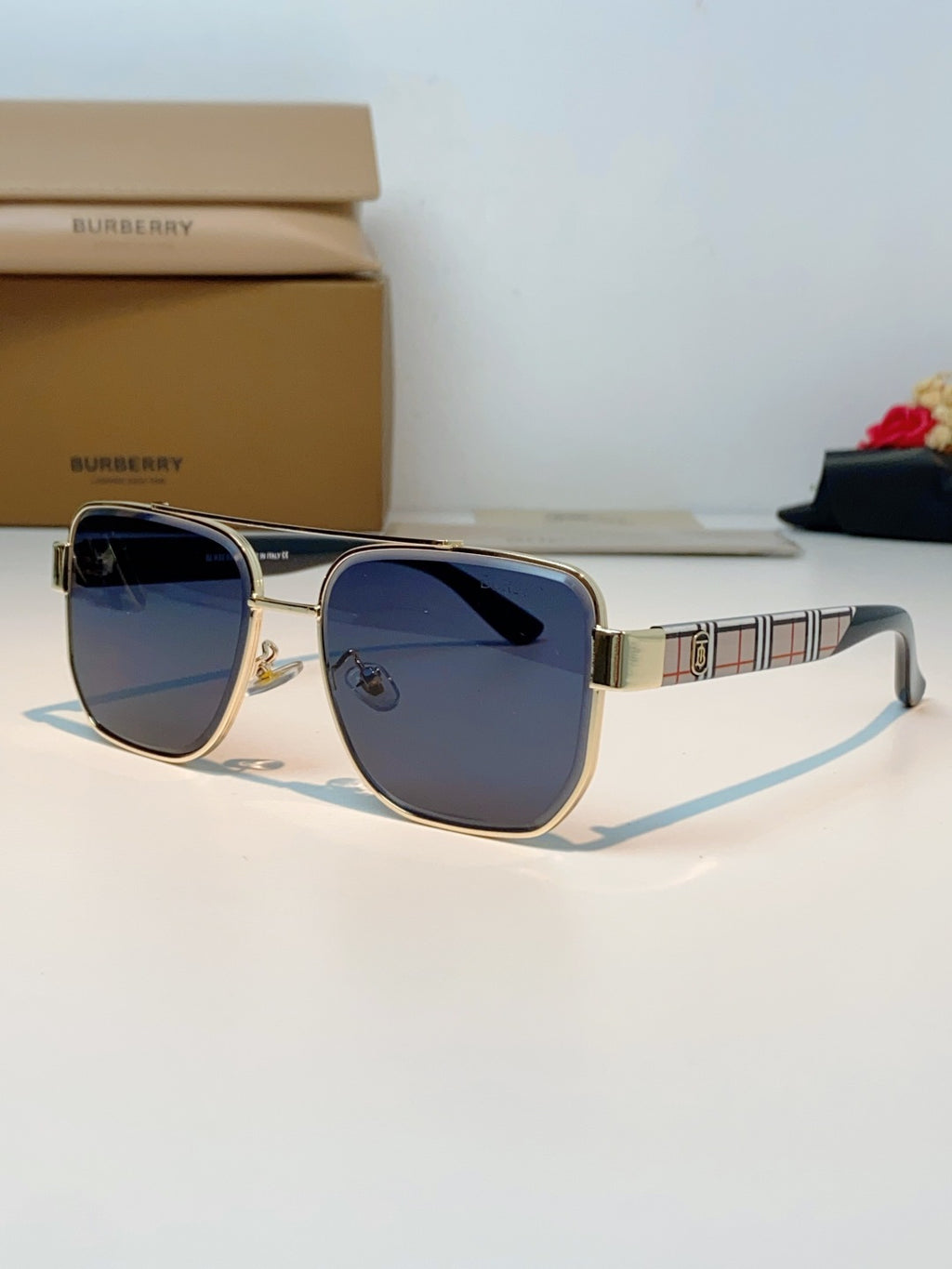 Burberry Metal Square Black Lens Sunglasses for Men