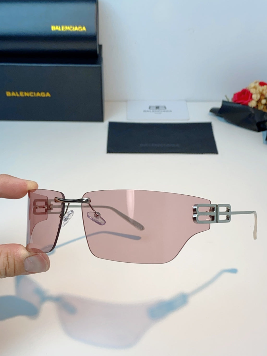 Balenciaga Lightweight Rimless Pink Lens Sunglasses for Men & Women - detail image 6