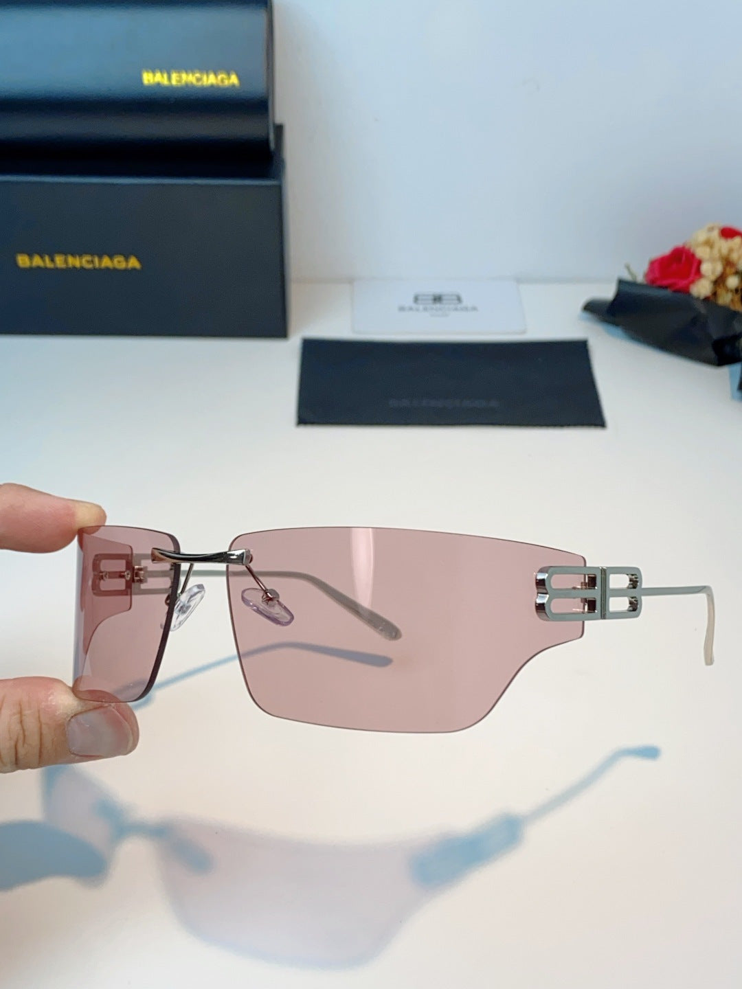 Balenciaga Lightweight Rimless Pink Lens Sunglasses for Men & Women - detail image 6