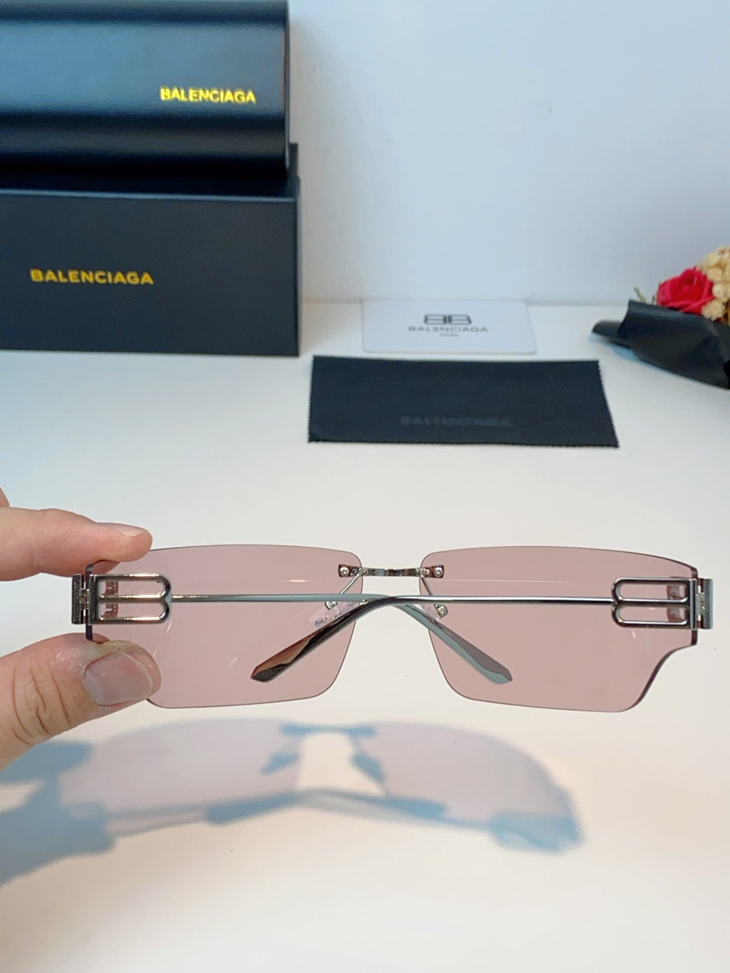 Balenciaga Lightweight Rimless Pink Lens Sunglasses for Men & Women - detail image 5