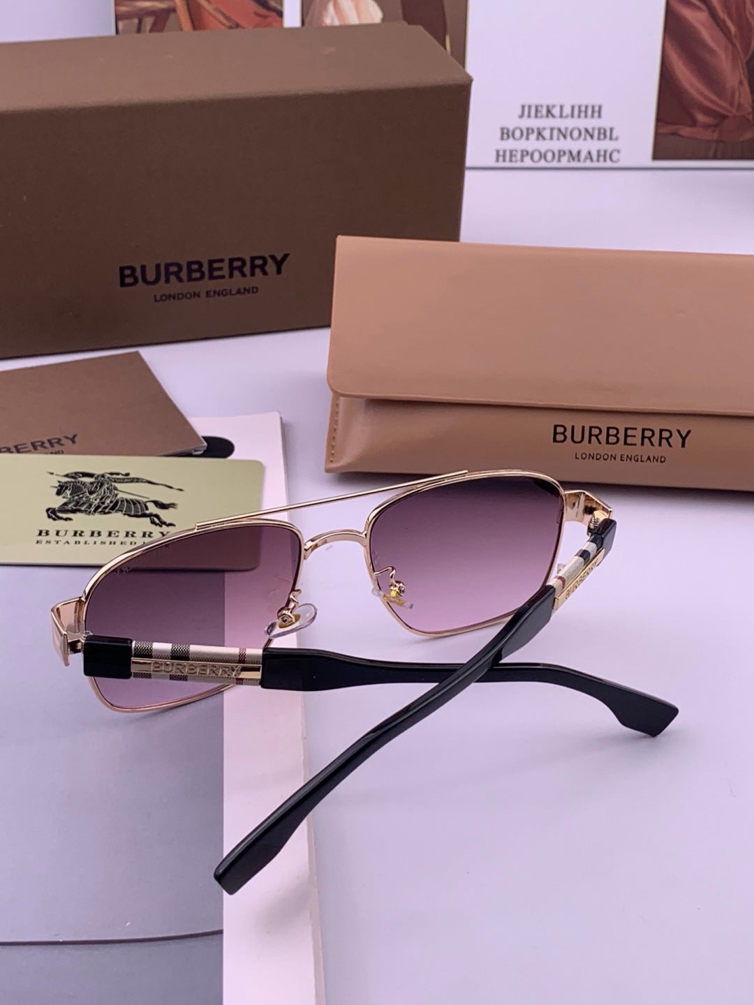 Burberry B201 Aviator Purple Lens Sunglasses for Men - detail image 4