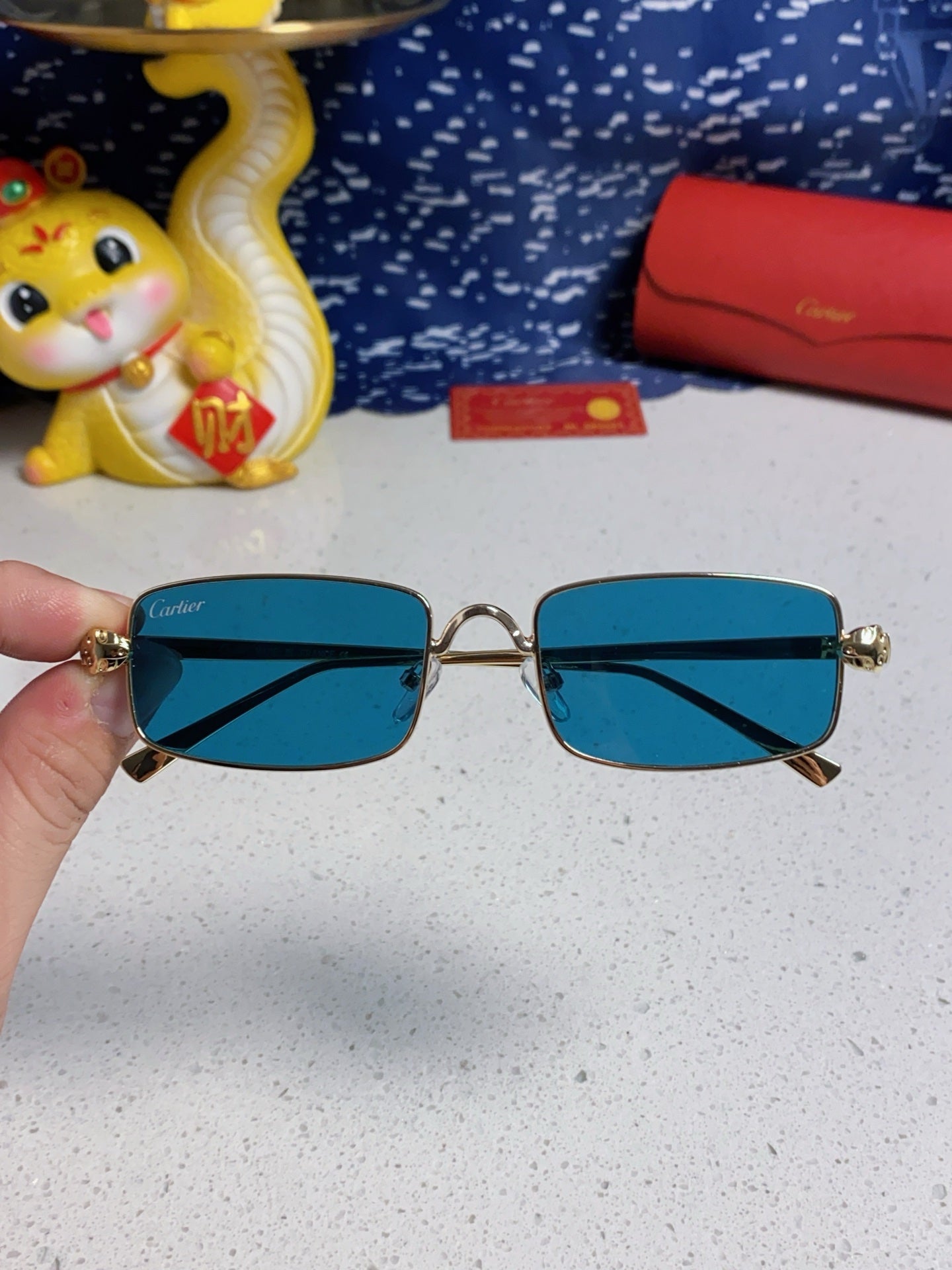 Cartier CT0473S Metal Square Blue Lens Sunglasses for Men & Women - detail image 4