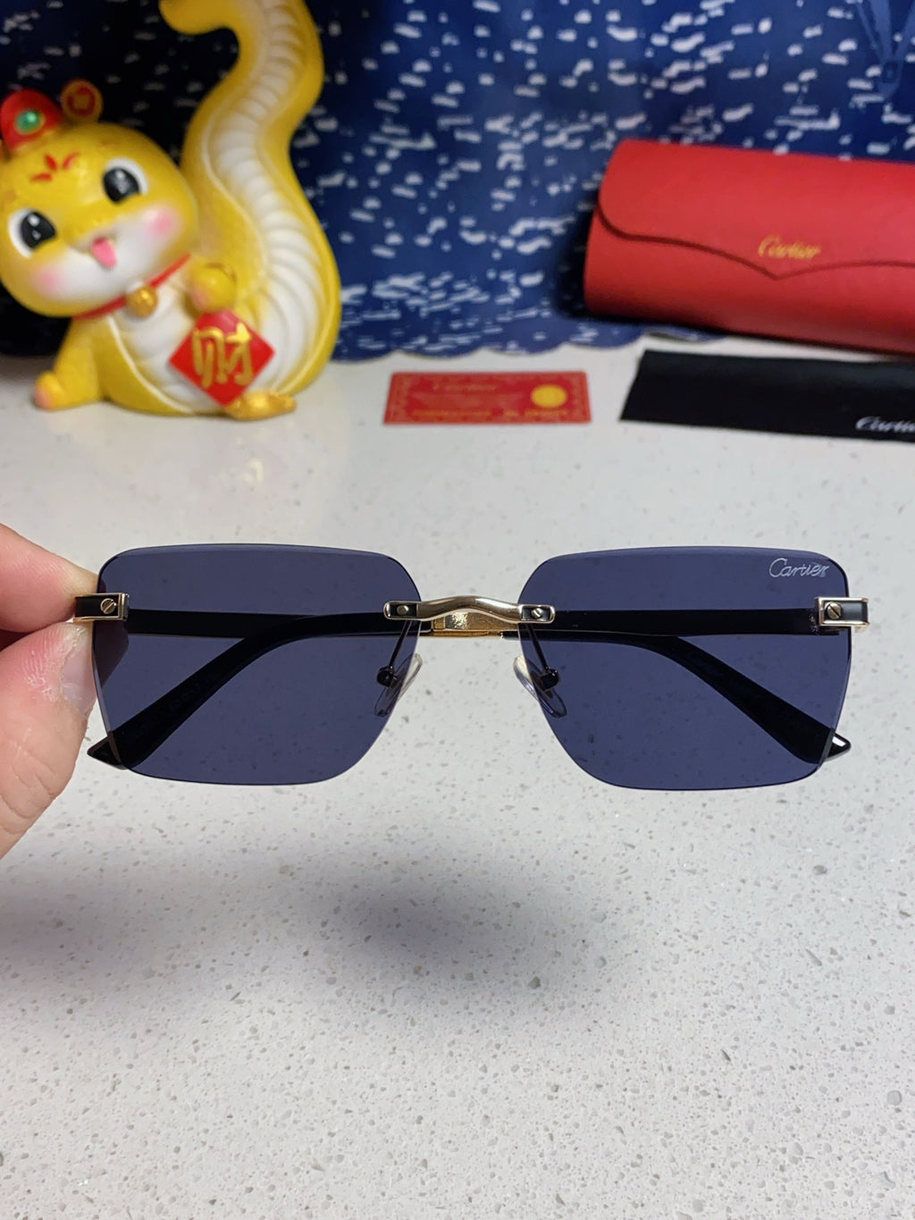 Cartier Lightweight Rimless Blue Lens Sunglasses for Men & Women - 487323 - detail image 4