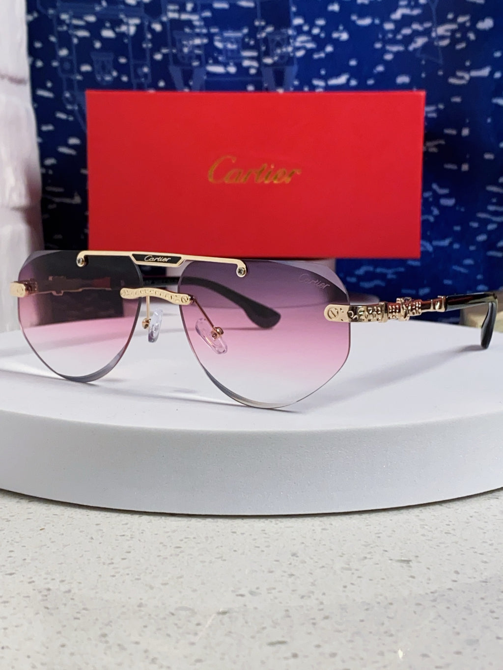 Cartier Lightweight Metal Rimless Purple Lens Sunglasses for Men & Women