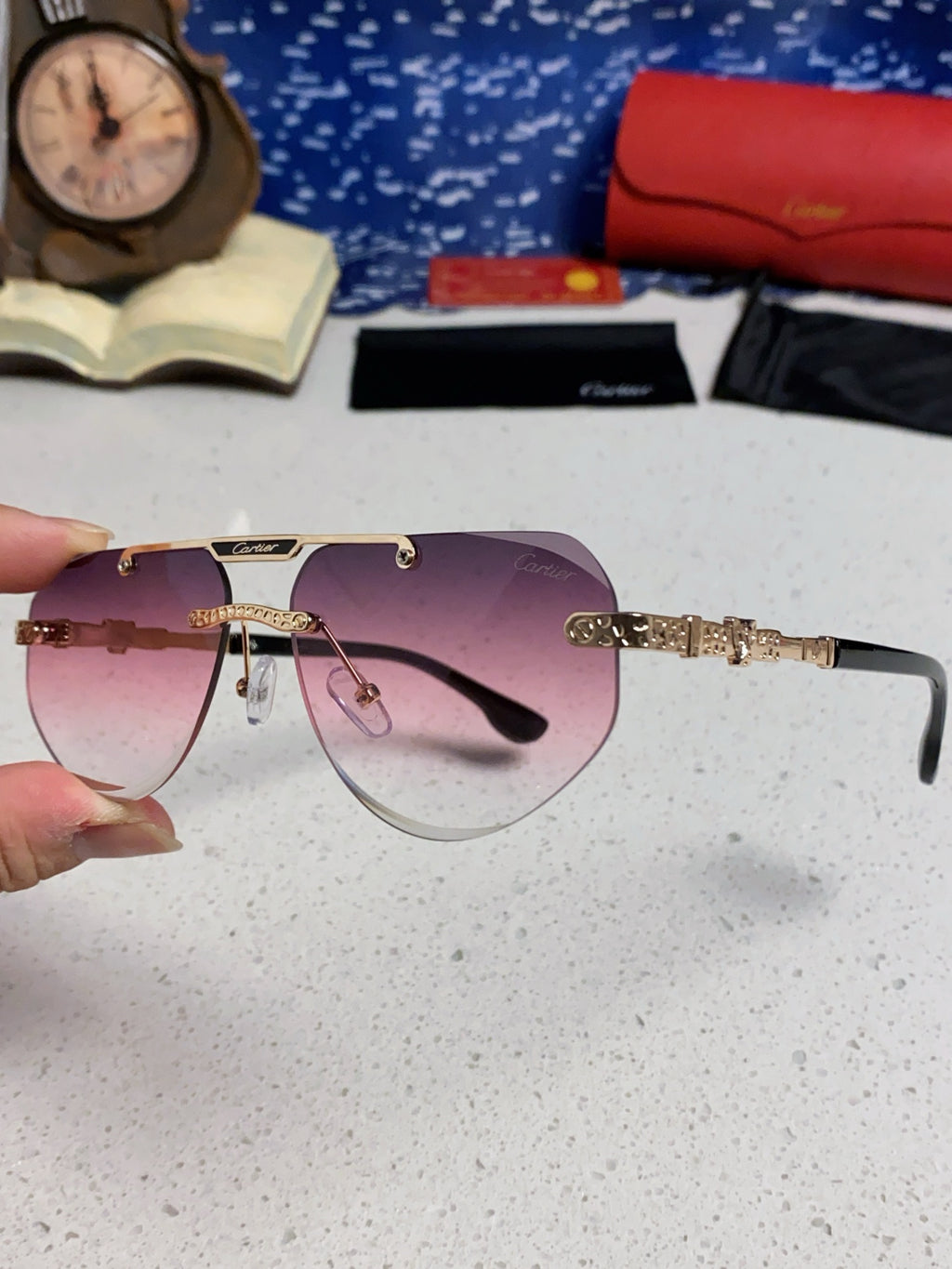 Cartier Lightweight Metal Rimless Purple Lens Sunglasses for Men & Women - detail image 6