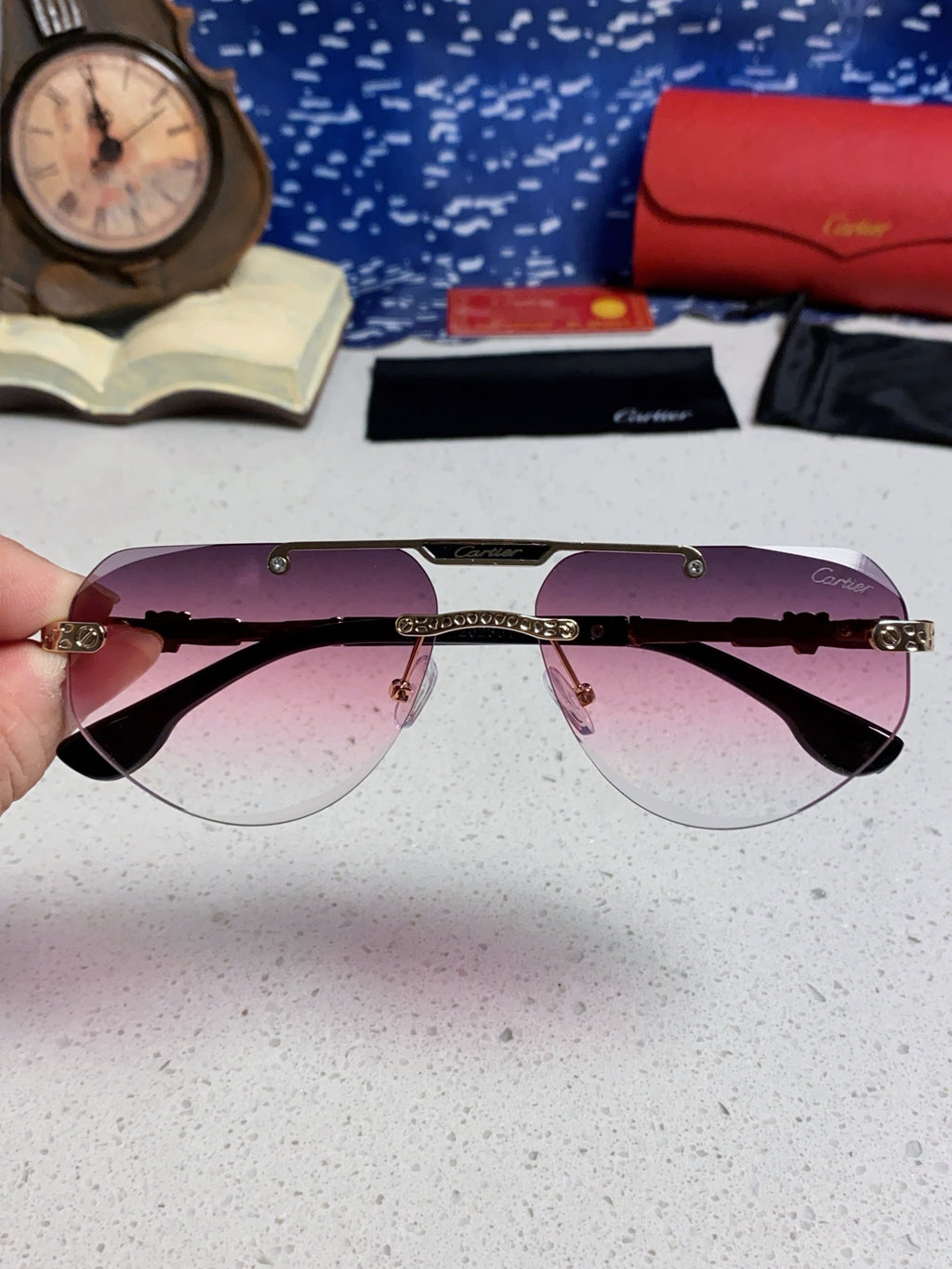 Cartier Lightweight Metal Rimless Purple Lens Sunglasses for Men & Women - detail image 4