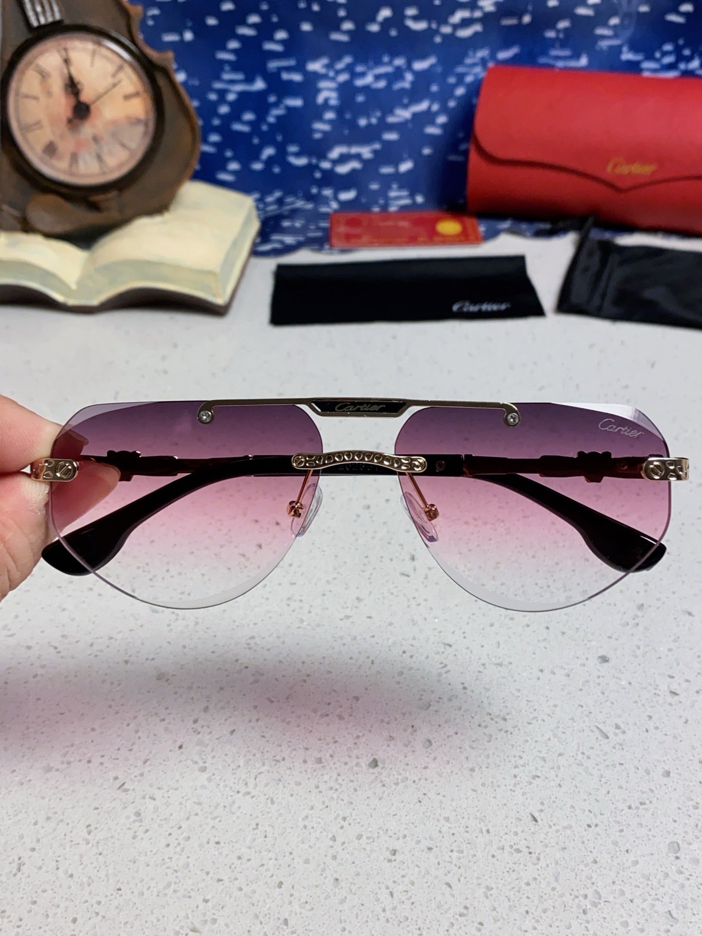 Cartier Lightweight Metal Rimless Purple Lens Sunglasses for Men & Women - detail image 4