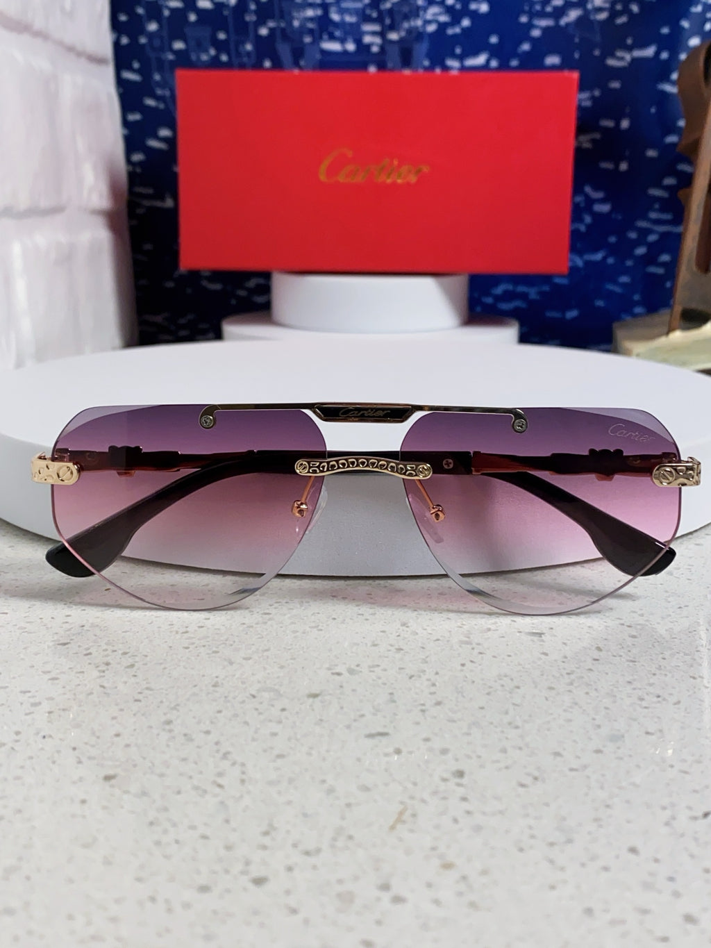 Cartier Lightweight Metal Rimless Purple Lens Sunglasses for Men & Women - detail image 9