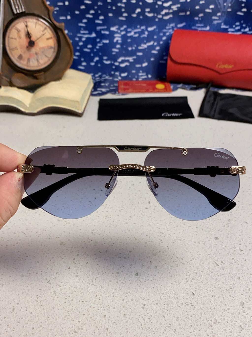 Cartier Lightweight Metal Rimless Blue Lens Sunglasses for Men & Wome - 465795 - detail image 4