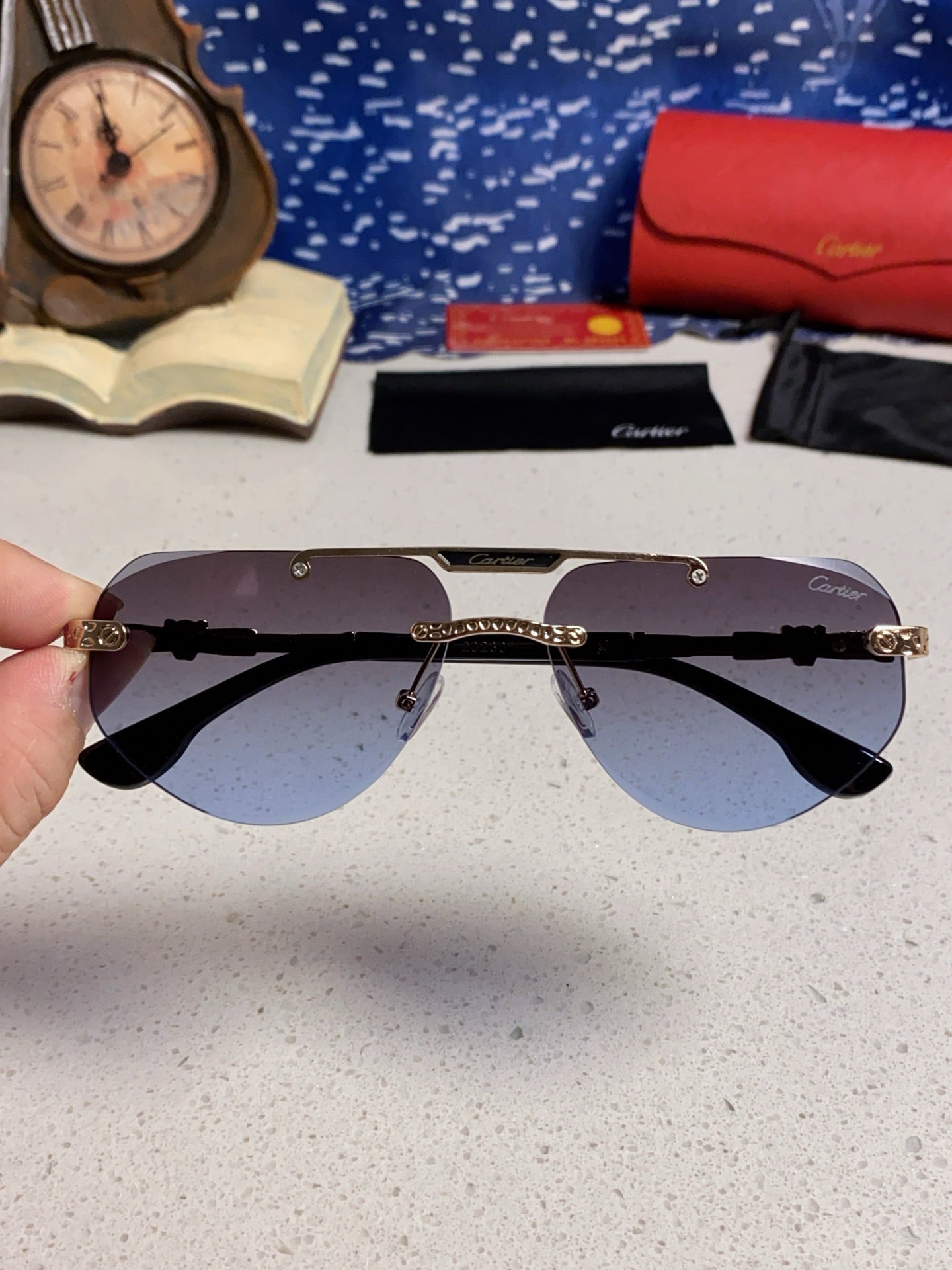 Cartier Lightweight Metal Rimless Blue Lens Sunglasses for Men & Wome - 465795 - detail image 4