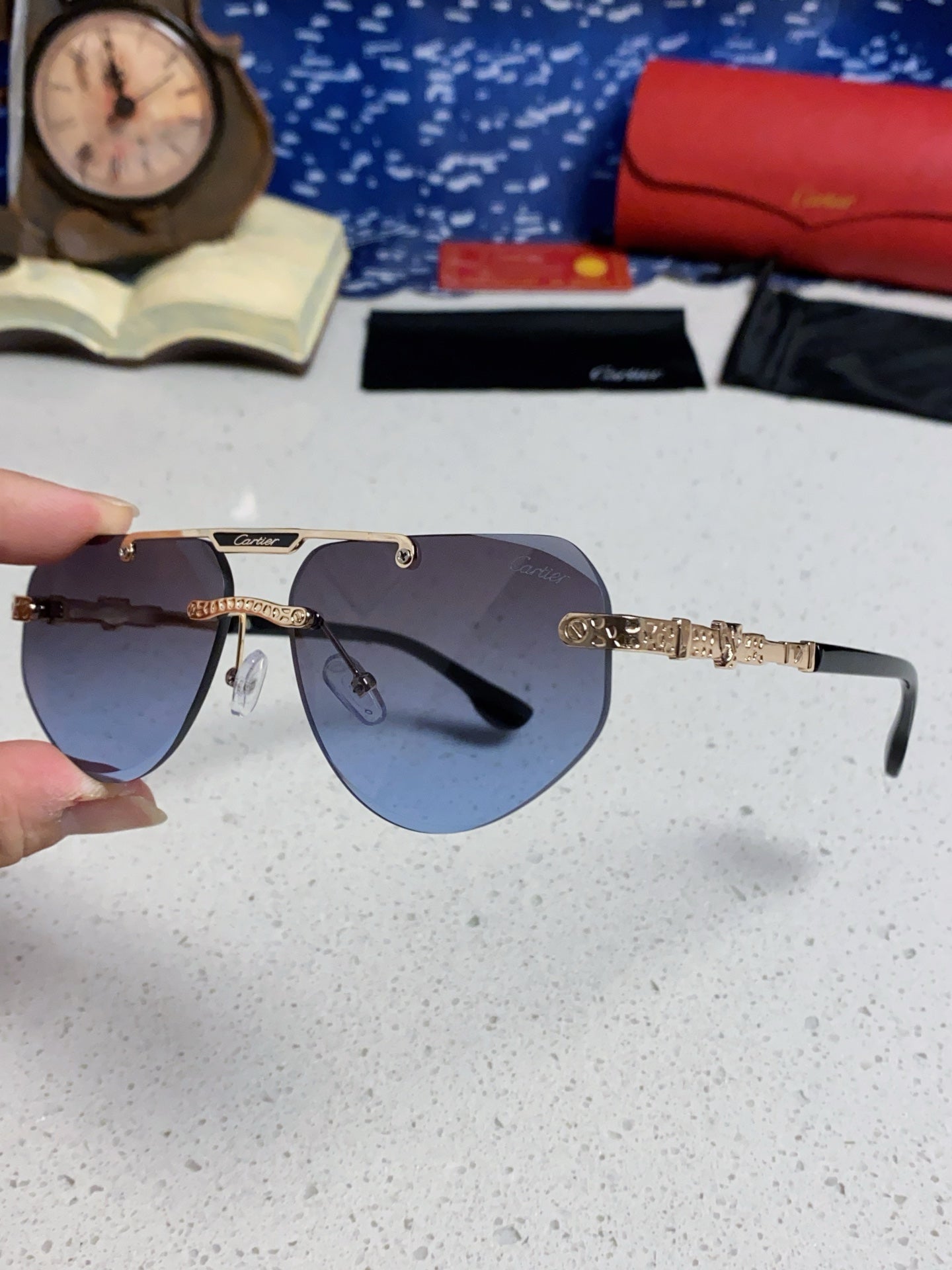 Cartier Lightweight Metal Rimless Blue Lens Sunglasses for Men & Wome - 465795 - detail image 6