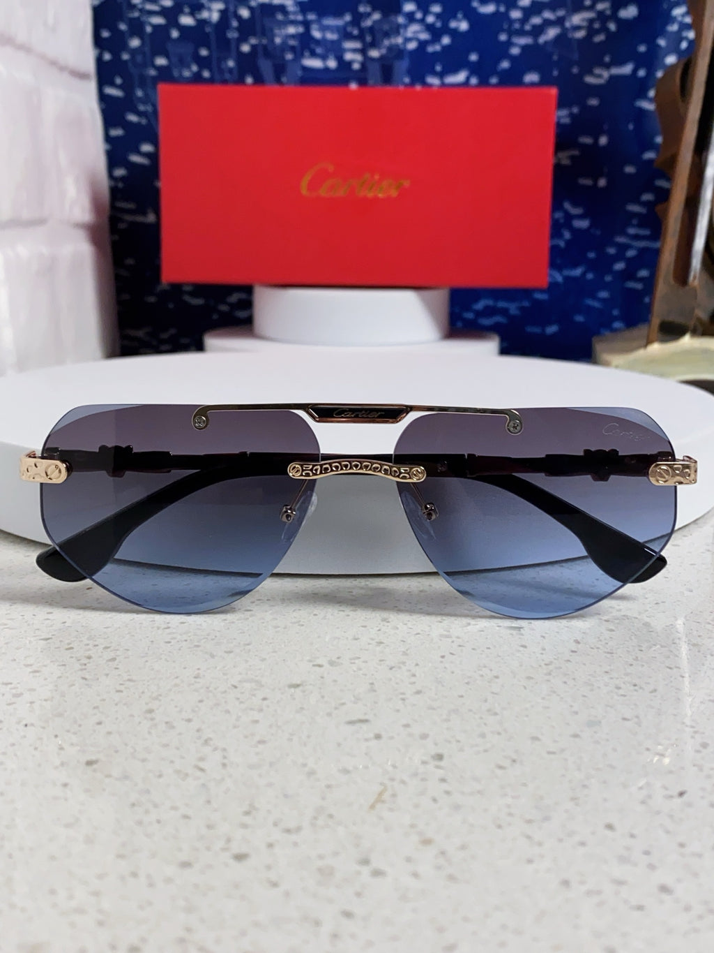 Cartier Lightweight Metal Rimless Blue Lens Sunglasses for Men & Wome - 465795 - detail image 9