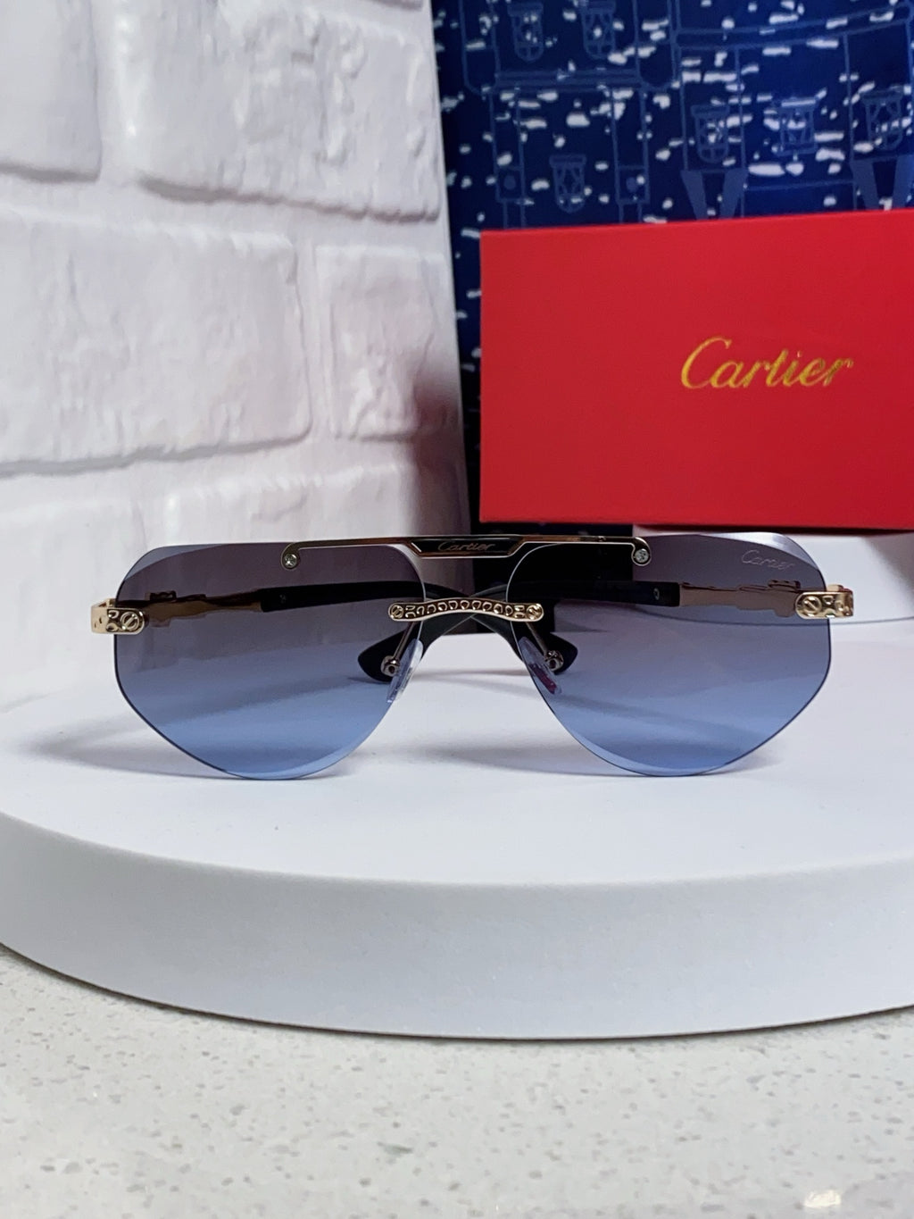 Cartier Lightweight Metal Rimless Blue Lens Sunglasses for Men & Wome - 465795 - detail image 2