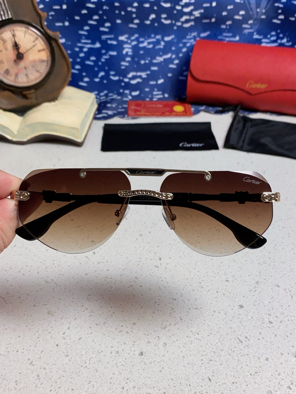 Cartier Lightweight Metal Rimless Brown Lens Sunglasses for Men & Wom - 465796 - detail image 4