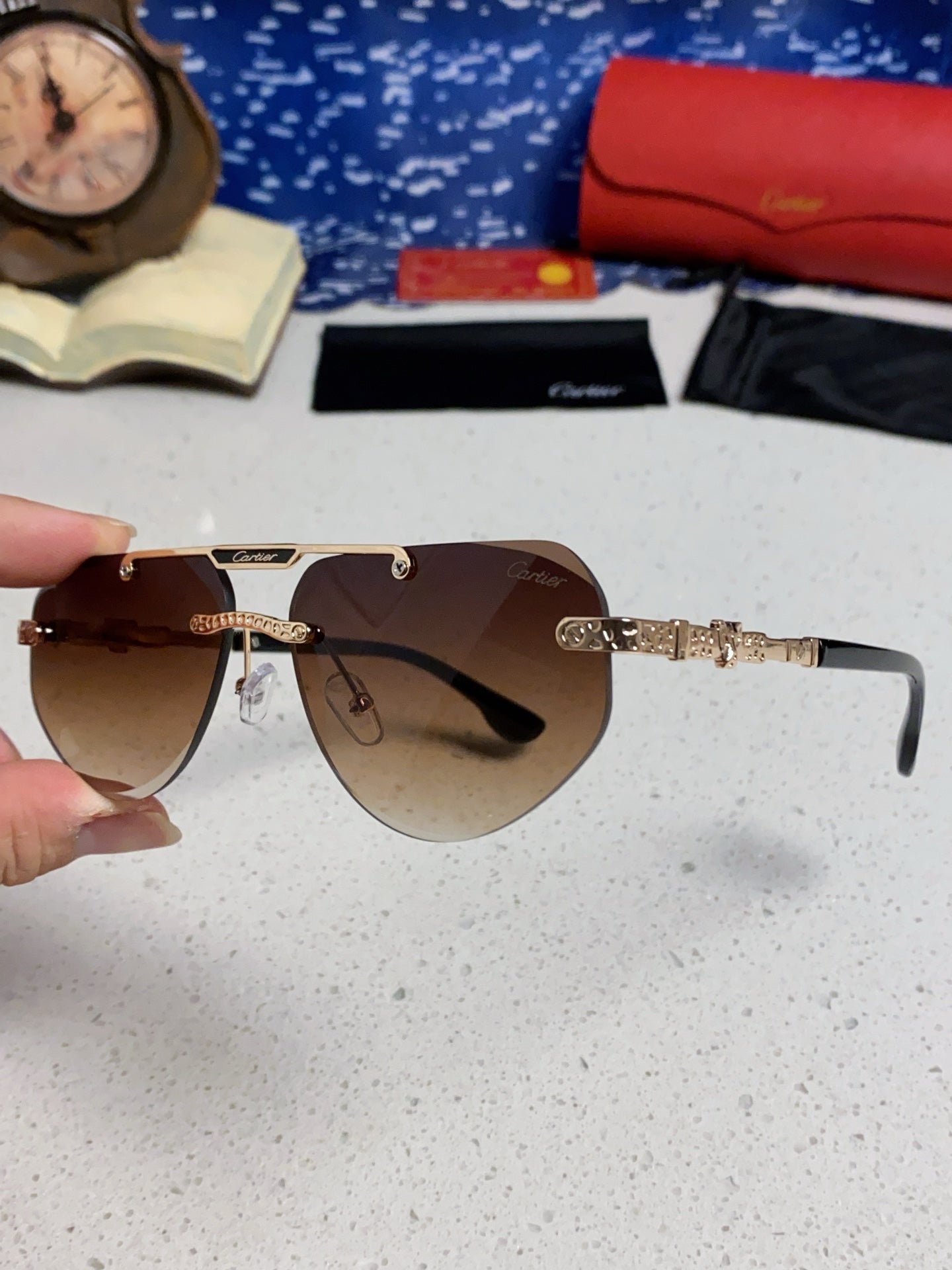 Cartier Lightweight Metal Rimless Brown Lens Sunglasses for Men & Wom - 465796 - detail image 6