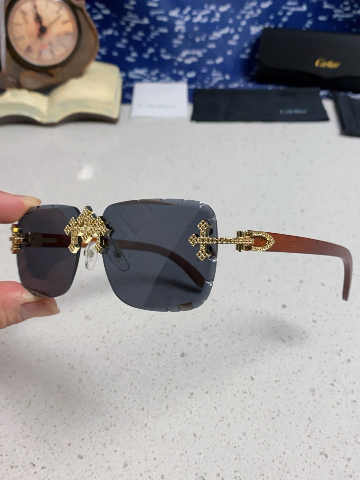 Cartier Lightweight Rimless Blue Lens Sunglasses for Men & Women - detail image 6