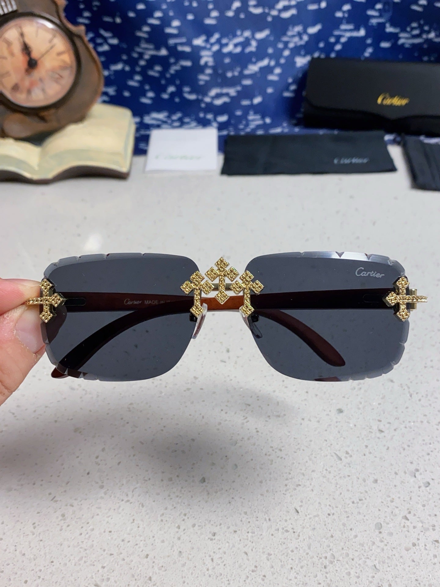 Cartier Lightweight Rimless Blue Lens Sunglasses for Men & Women - detail image 4