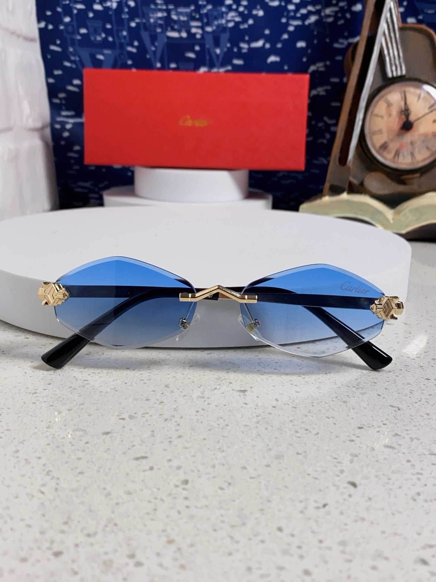 Cartier Lightweight Metal Rimless Blue Lens Sunglasses for Women - detail image 9