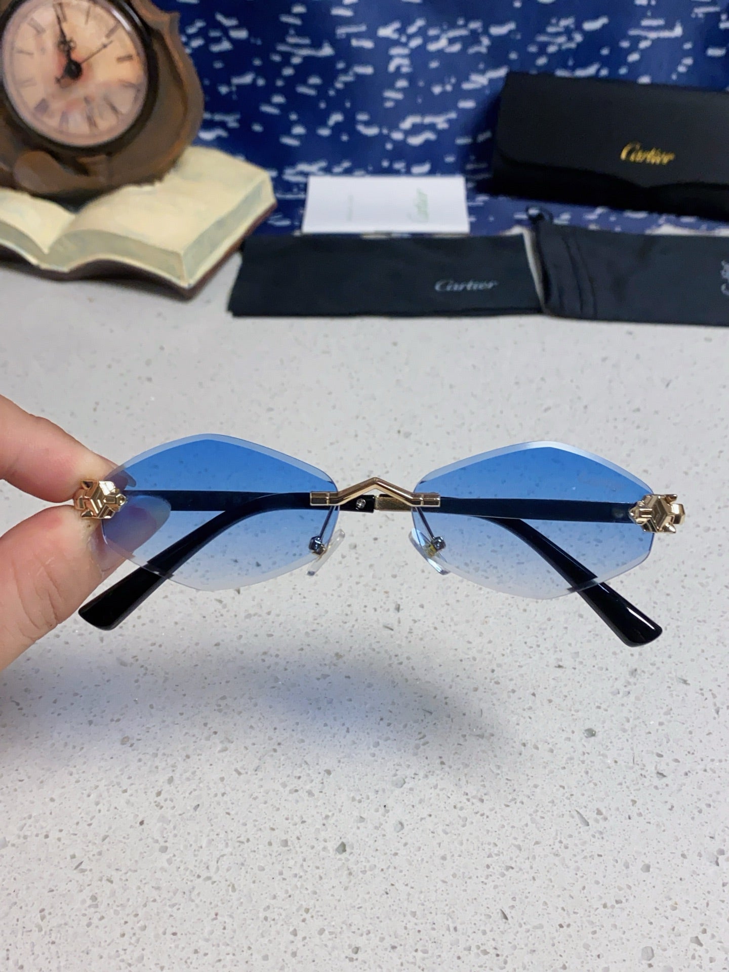 Cartier Lightweight Metal Rimless Blue Lens Sunglasses for Women - detail image 4