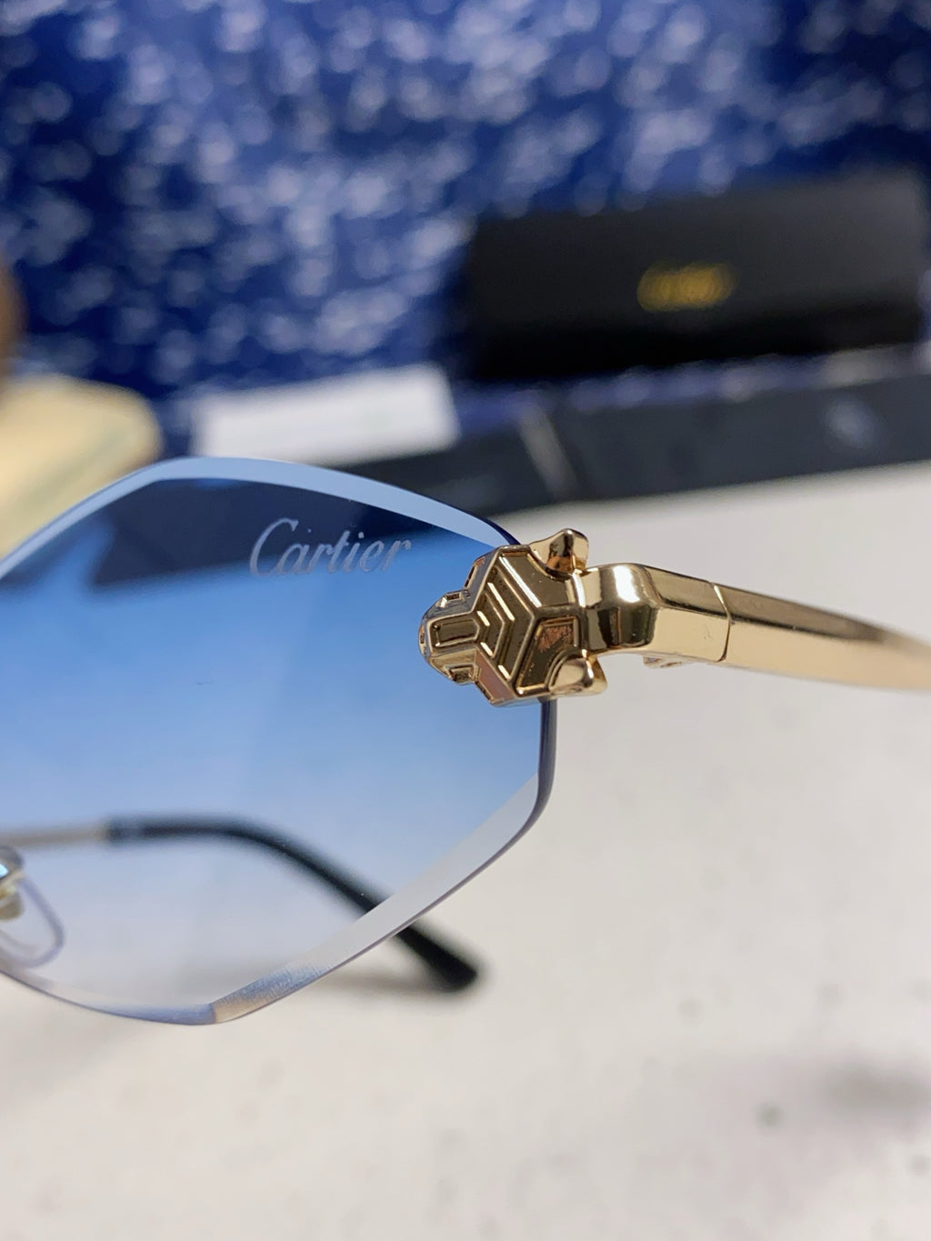 Cartier Lightweight Metal Rimless Blue Lens Sunglasses for Women - detail image 7