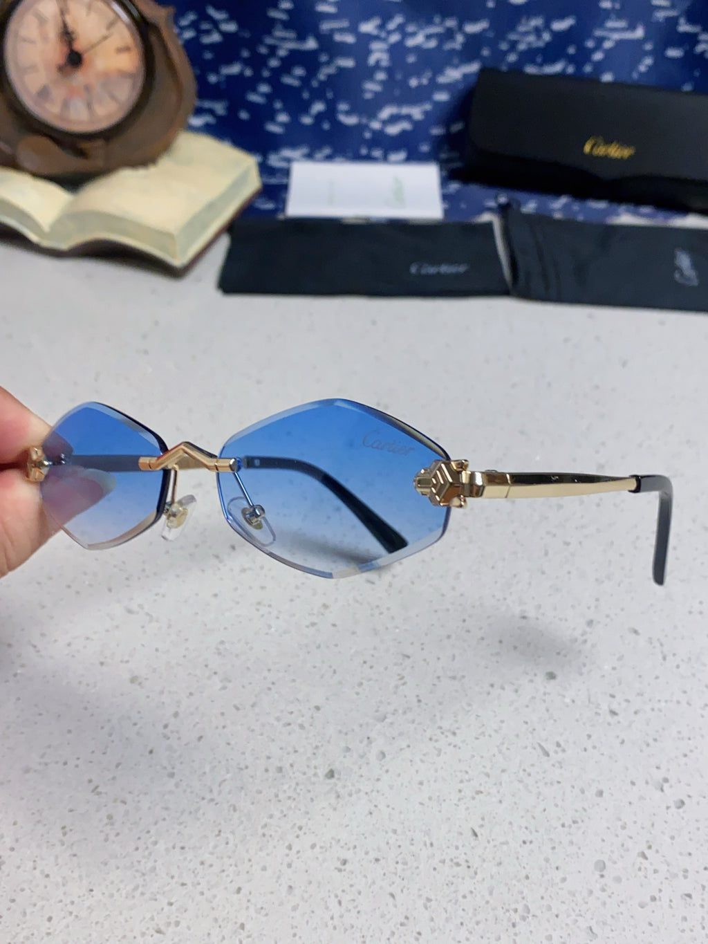Cartier Lightweight Metal Rimless Blue Lens Sunglasses for Women - detail image 6