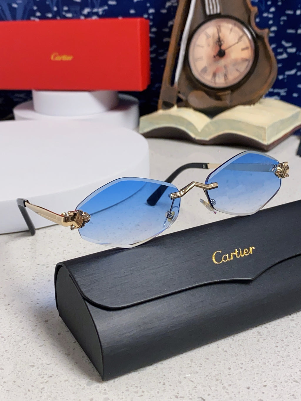 Cartier Lightweight Metal Rimless Blue Lens Sunglasses for Women - detail image 10
