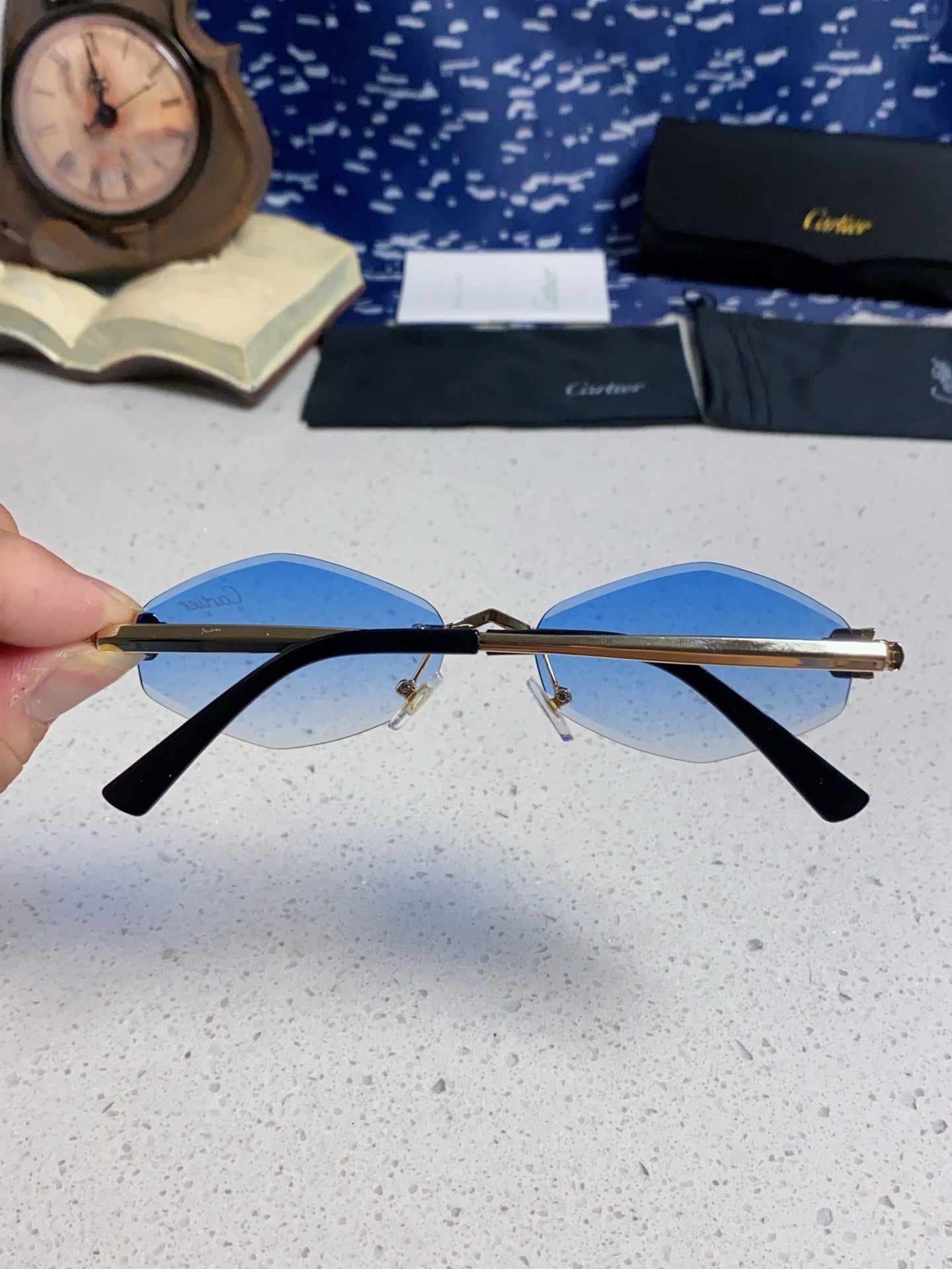 Cartier Lightweight Metal Rimless Blue Lens Sunglasses for Women - detail image 5