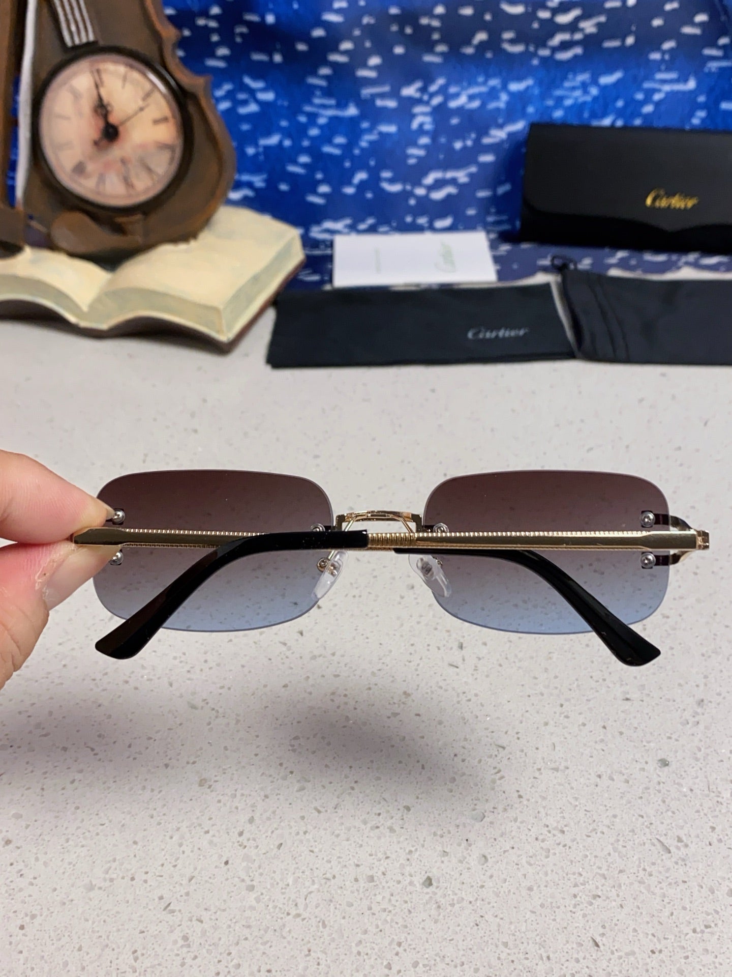 Cartier Lightweight Rimless Blue Lens Sunglasses for Men & Women - 449479 - detail image 5