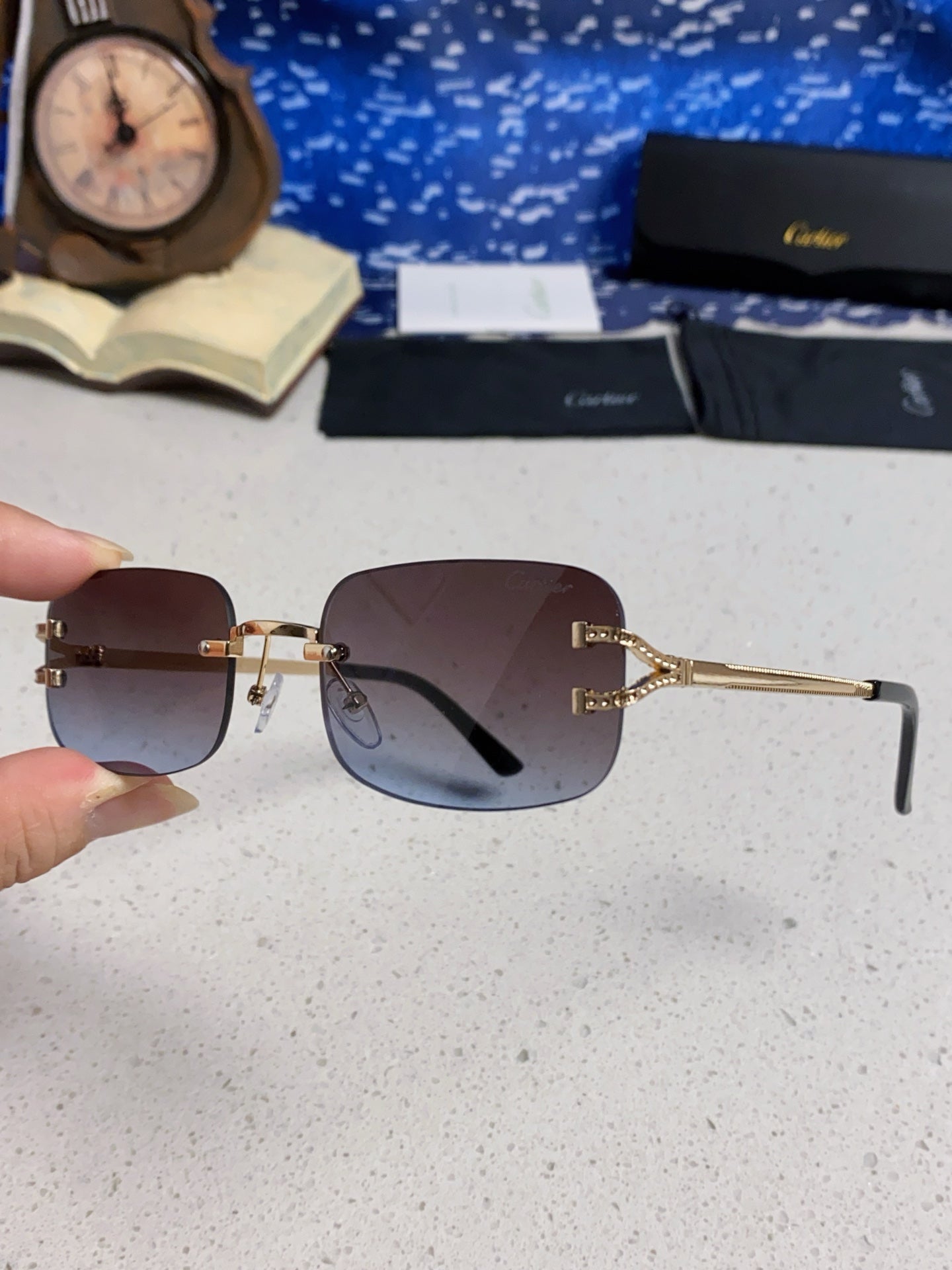 Cartier Lightweight Rimless Blue Lens Sunglasses for Men & Women - 449479 - detail image 6