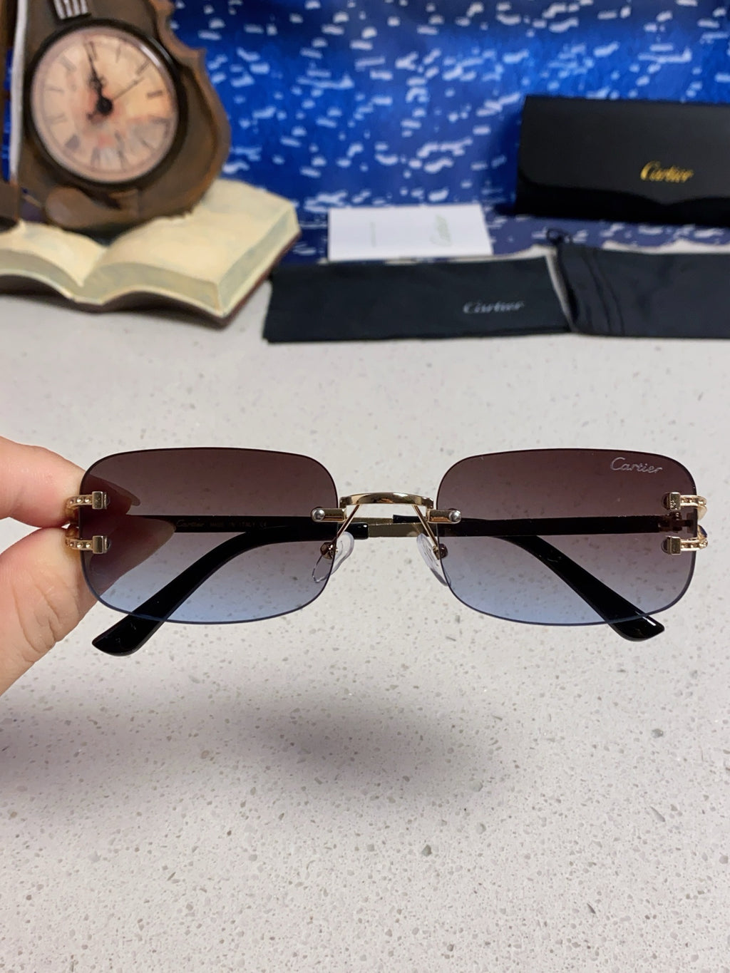 Cartier Lightweight Rimless Blue Lens Sunglasses for Men & Women - 449479 - detail image 4