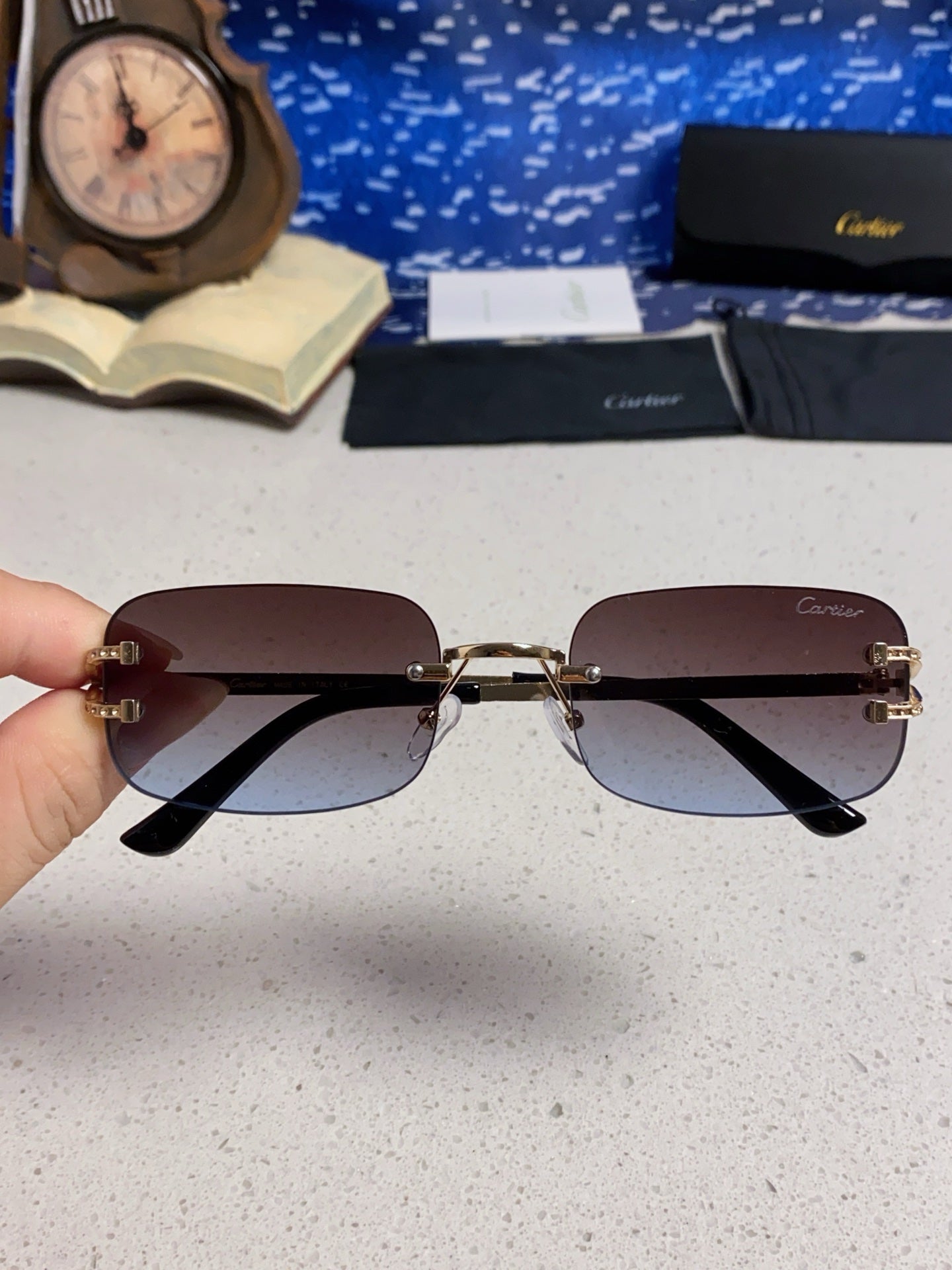Cartier Lightweight Rimless Blue Lens Sunglasses for Men & Women - 449479 - detail image 4