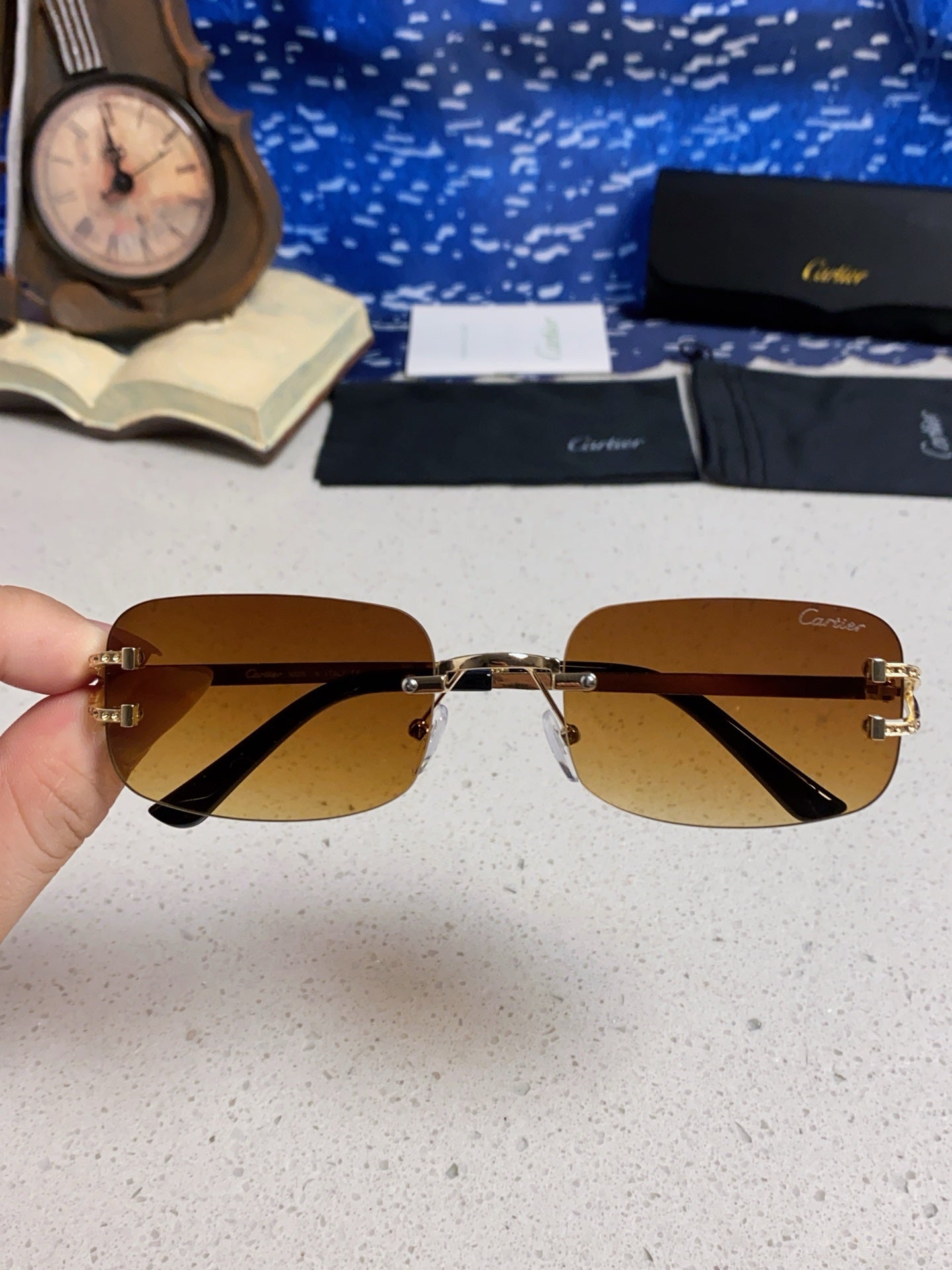 Cartier Lightweight Rimless Brown Lens Sunglasses for Men & Women - 449480 - detail image 4
