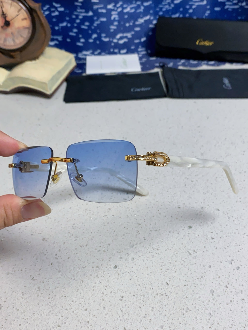 Cartier Lightweight Rimless Blue Lens Sunglasses for Men & Women - 449484 - detail image 6