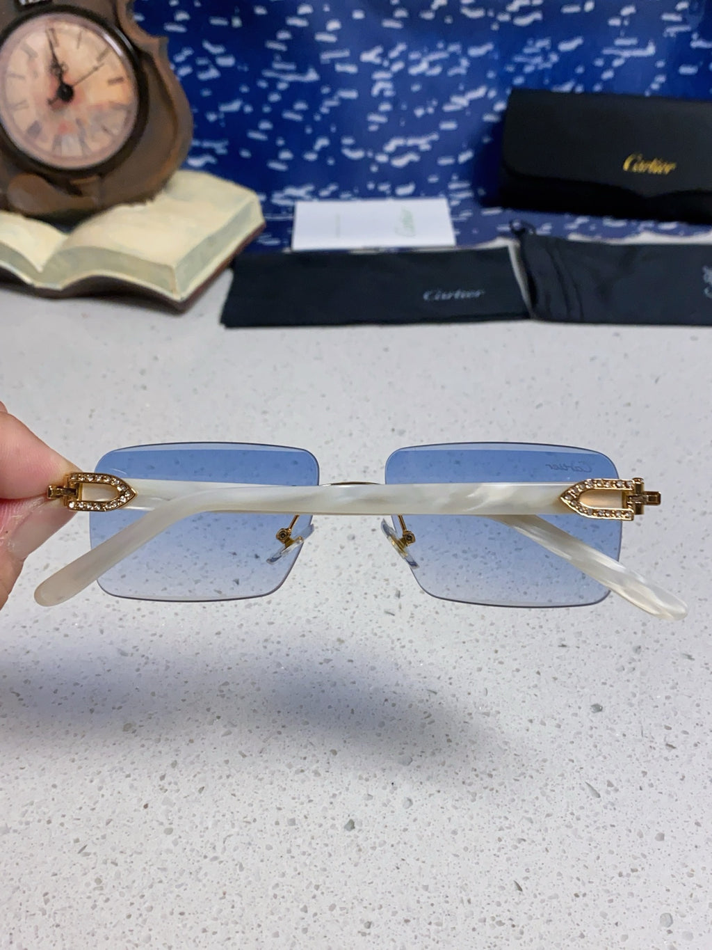 Cartier Lightweight Rimless Blue Lens Sunglasses for Men & Women - 449484 - detail image 5