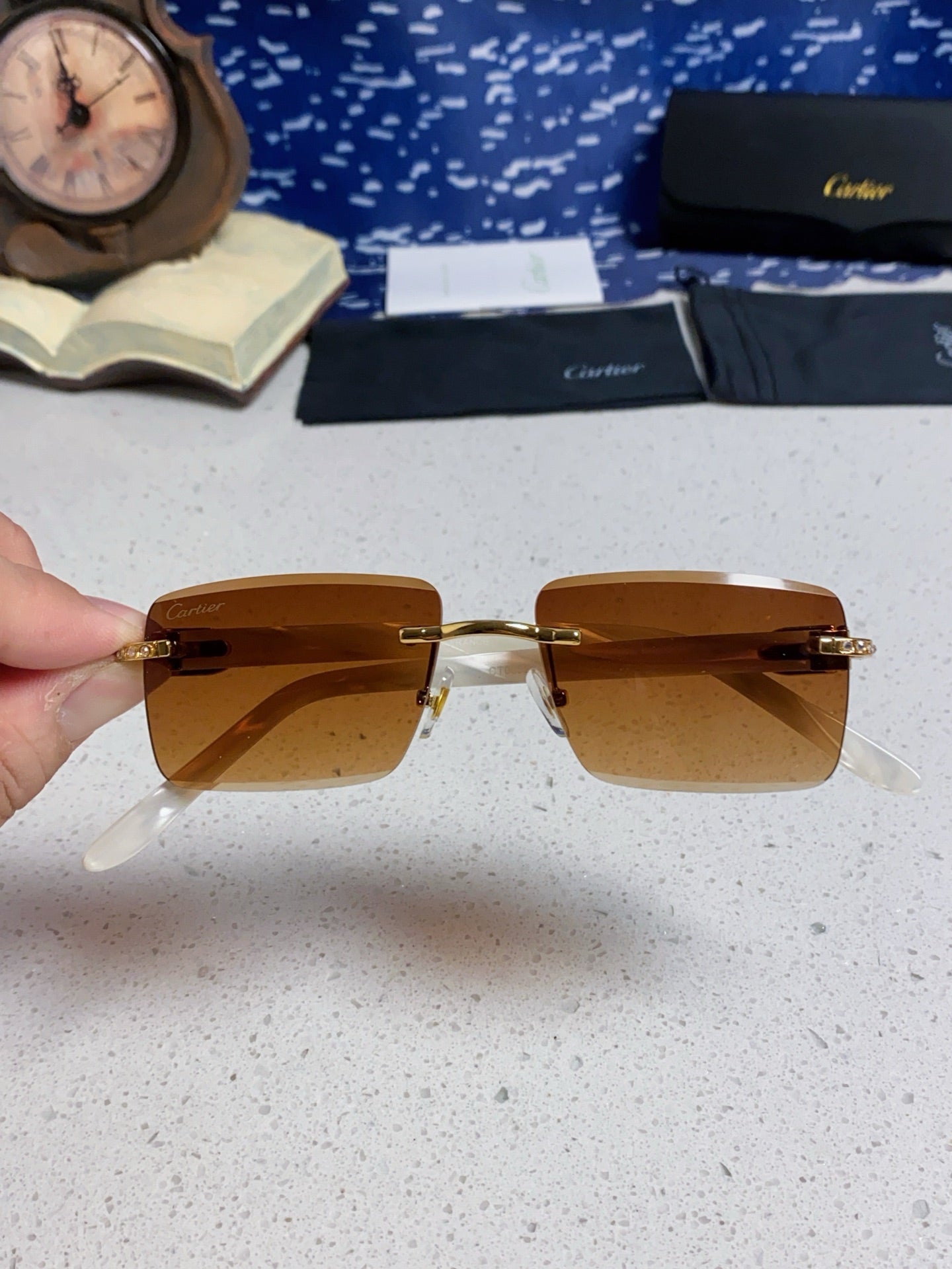 Cartier Lightweight Rimless Brown Lens Sunglasses for Men & Women - 449486 - detail image 4
