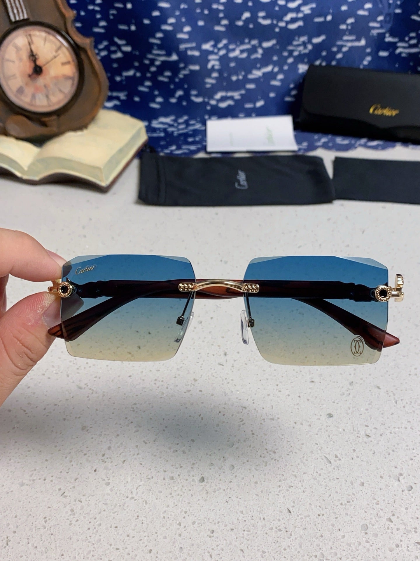 Cartier Lightweight Rimless Blue Lens Sunglasses for Men & Women - 487371 - detail image 4