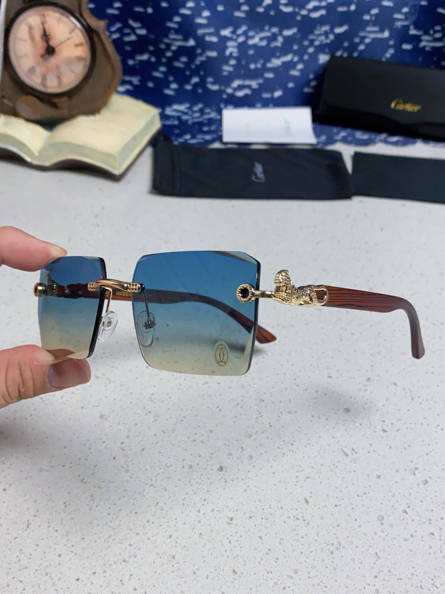 Cartier Lightweight Rimless Blue Lens Sunglasses for Men & Women - 432350 - detail image 6